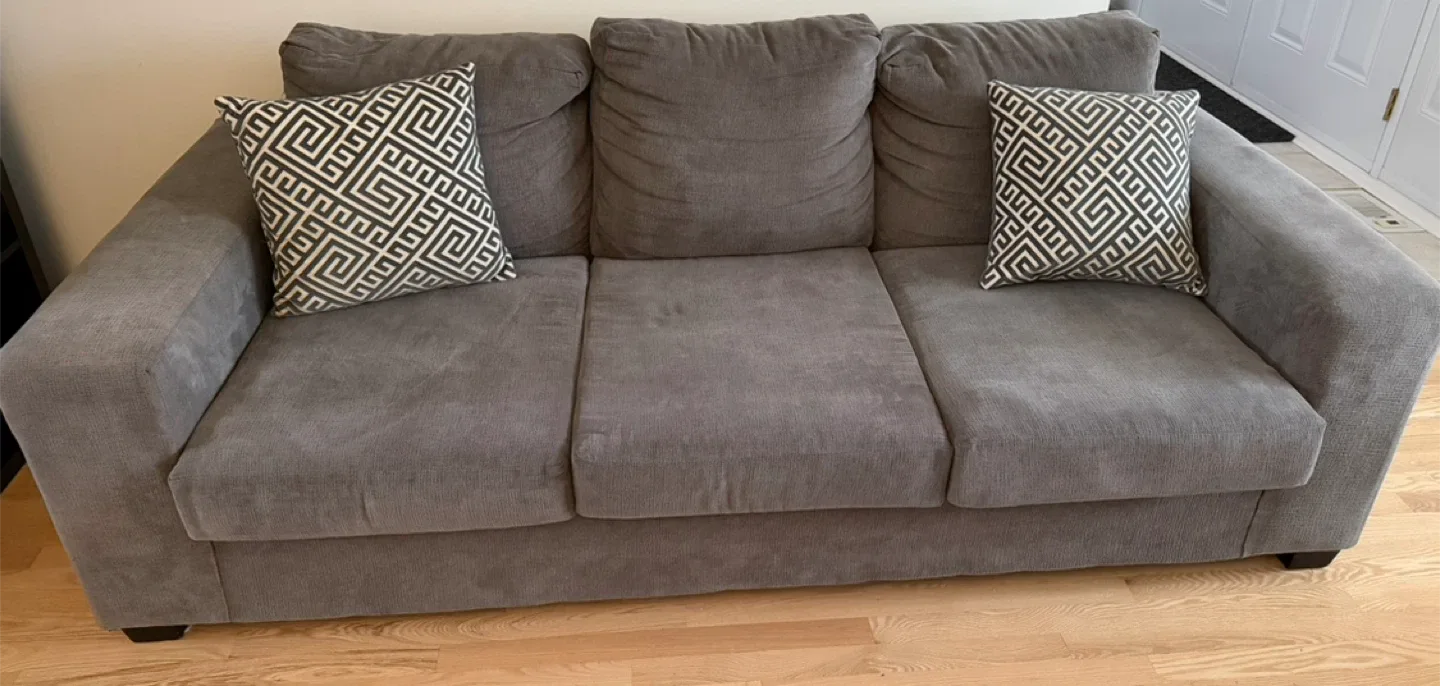 Grey Three-Seat Sofa with Pillows thumbnail