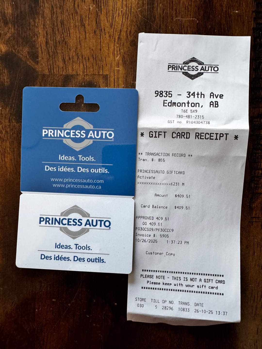 Princess Auto $409.51 Giftcard