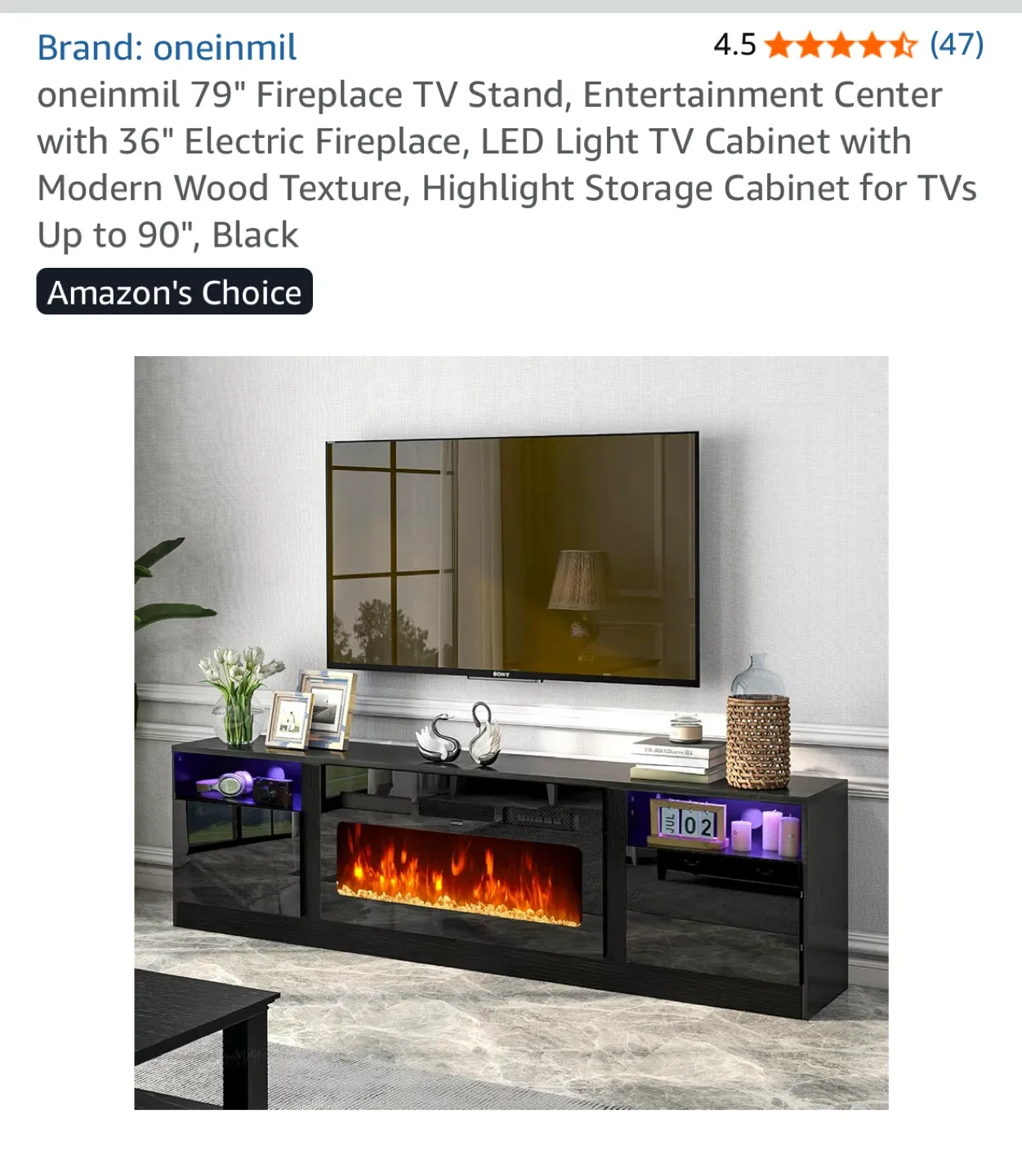 oneinmil 79" Fireplace TV Stand, Black image indicator(3)