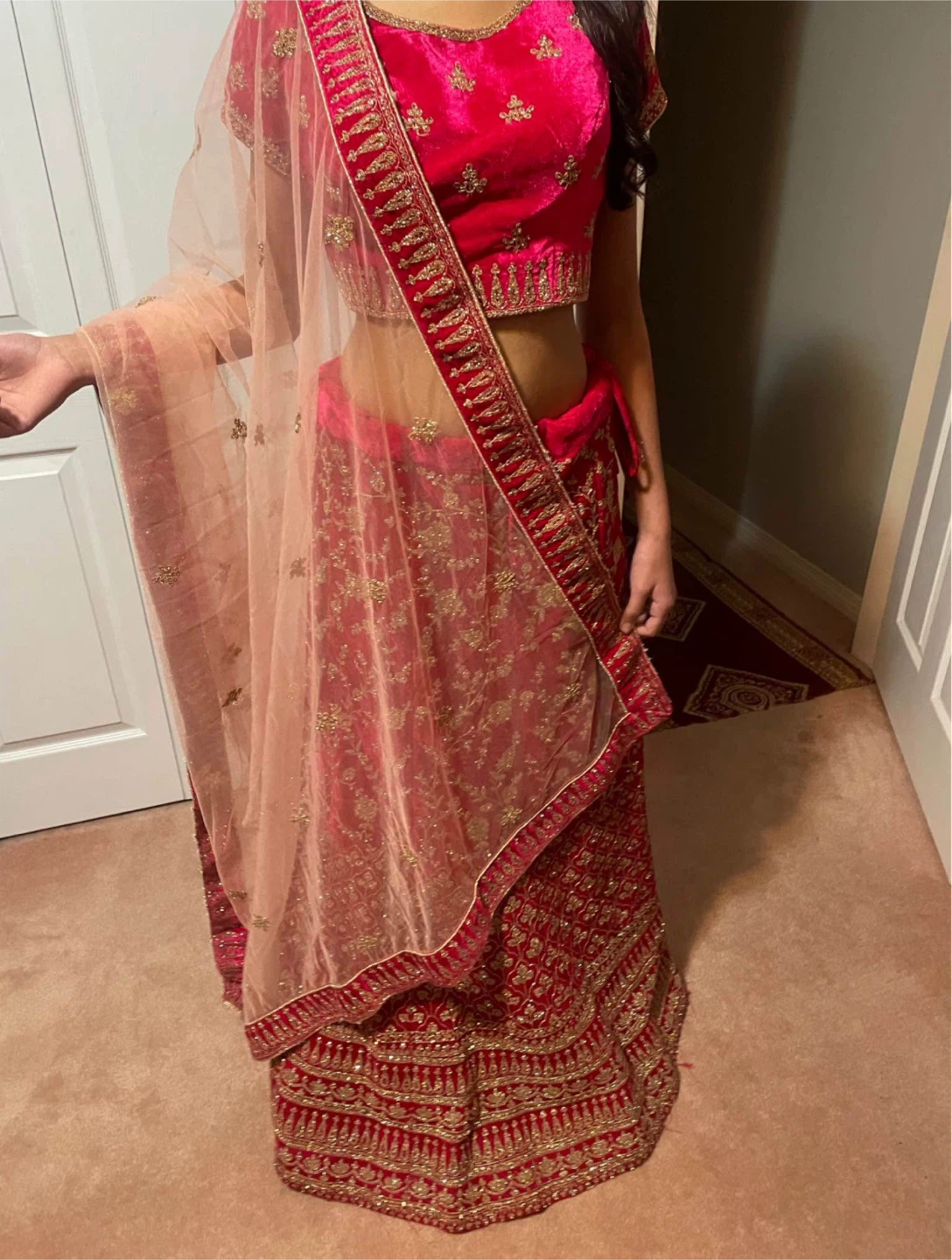 Hot pink velvet lengha
