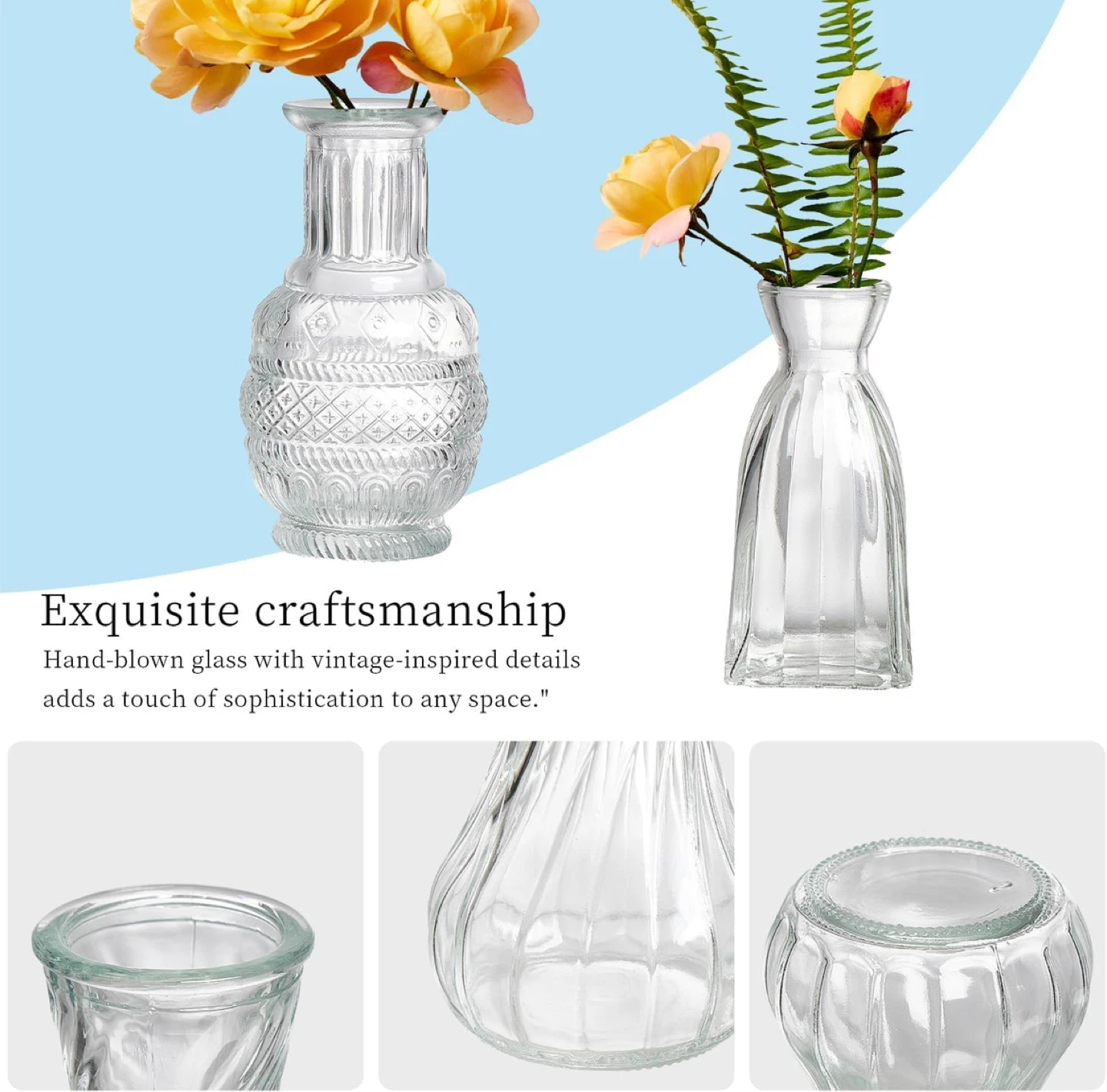 Vintage Style Clear Glass Bud Vases, Home Decor - photo 4