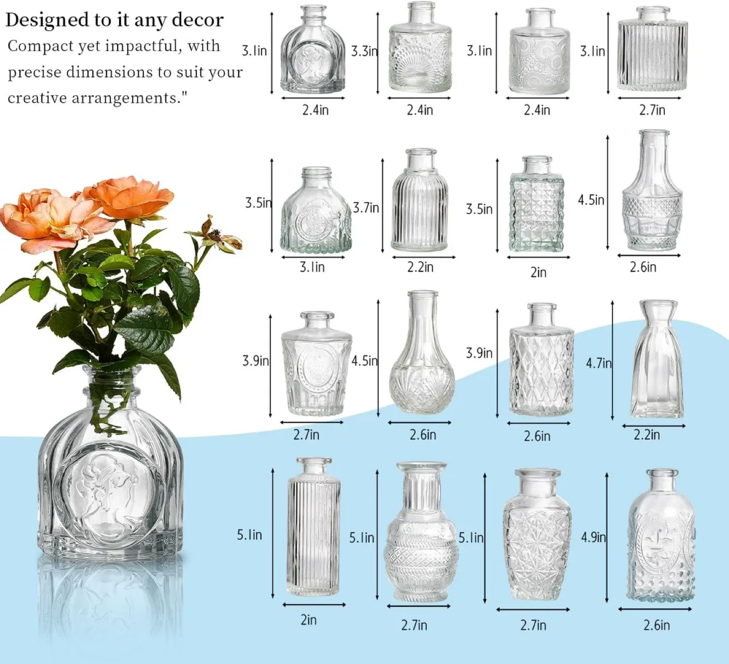 Vintage Style Clear Glass Bud Vases, Home Decor image indicator(2)