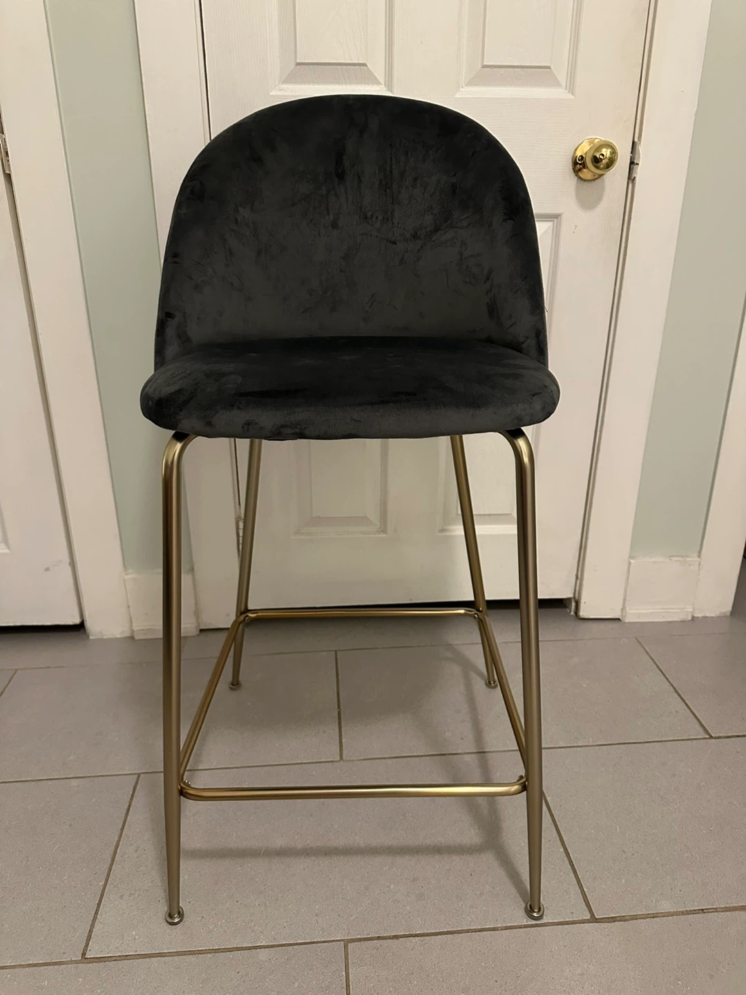 Grey Velvet Bar Stool with Gold Legs