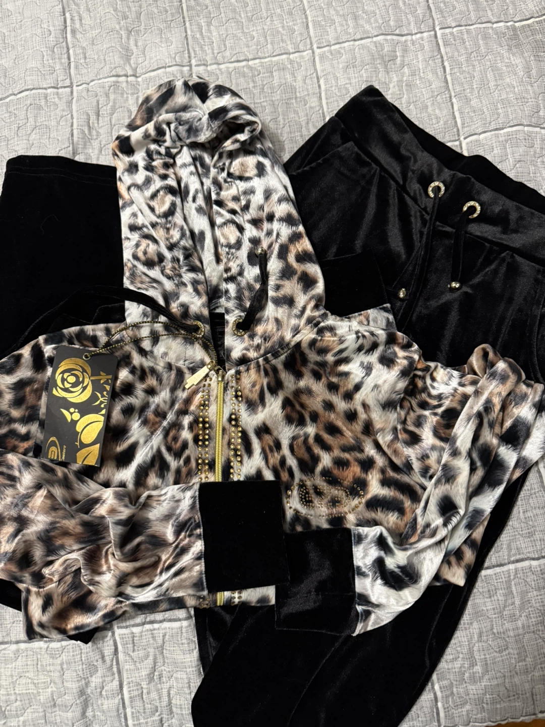 Leopard Print Hoodie & Black Velvet Pants Set