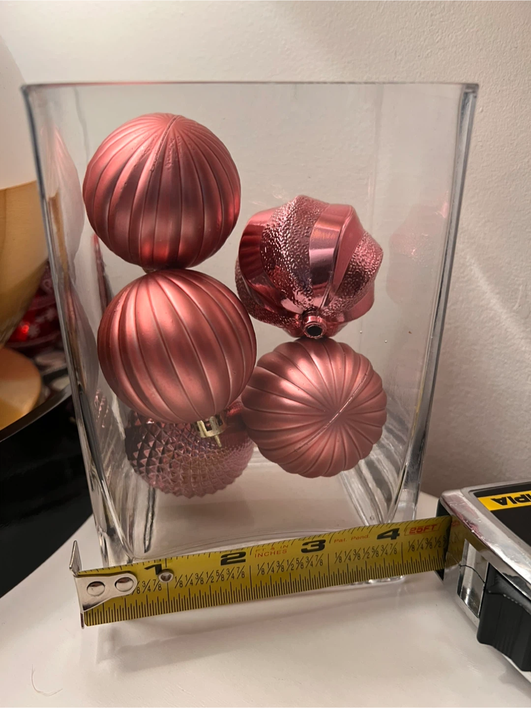 Holiday Decoration: Glass Vase with Pink Shatter Free Ornaments - photo 4