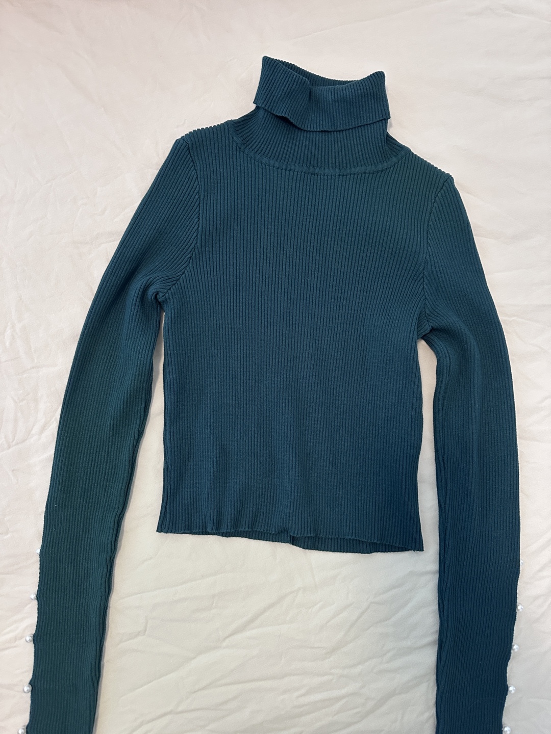 Green Turtleneck Top with Pearl Details