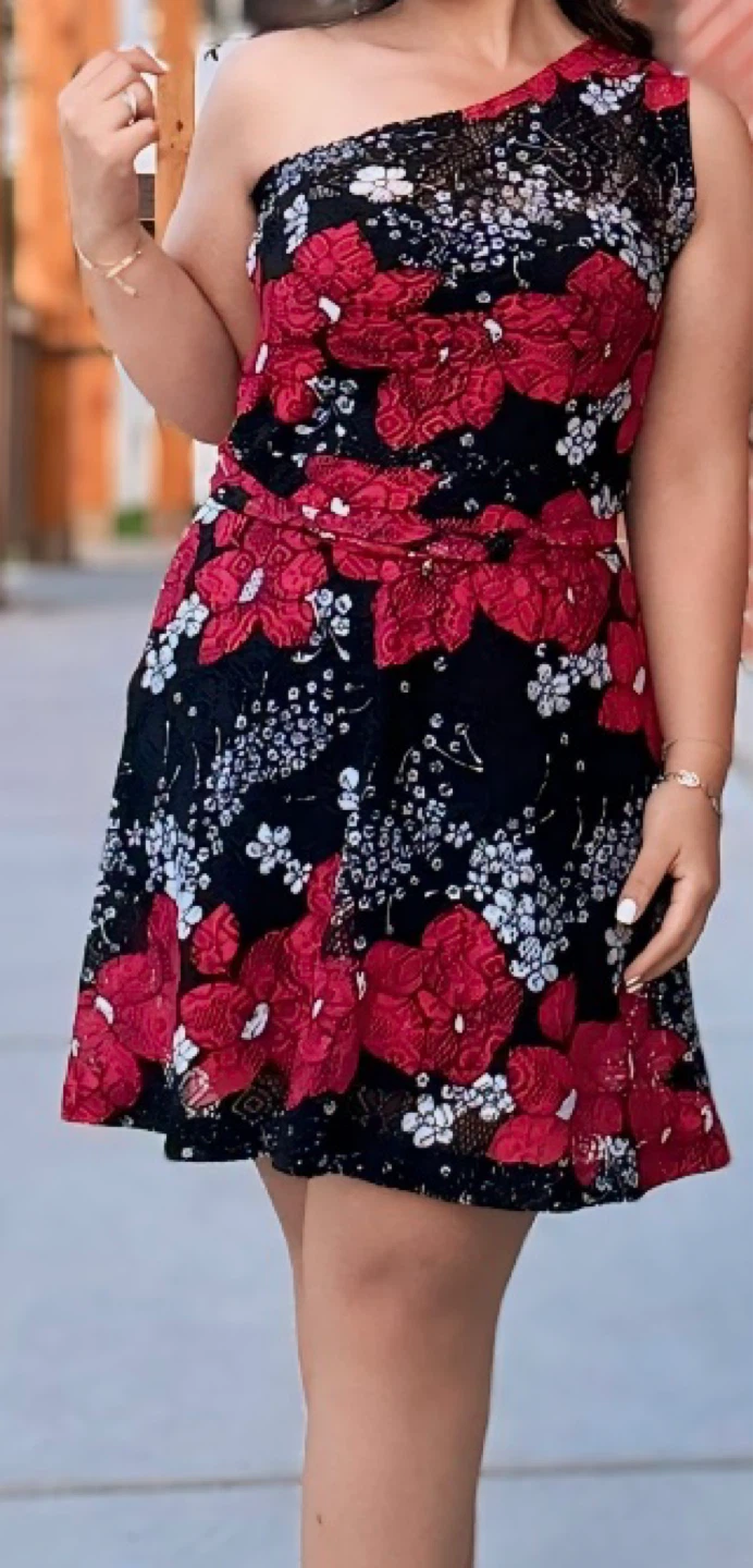 Floral One-Shoulder Dress - Red & Black