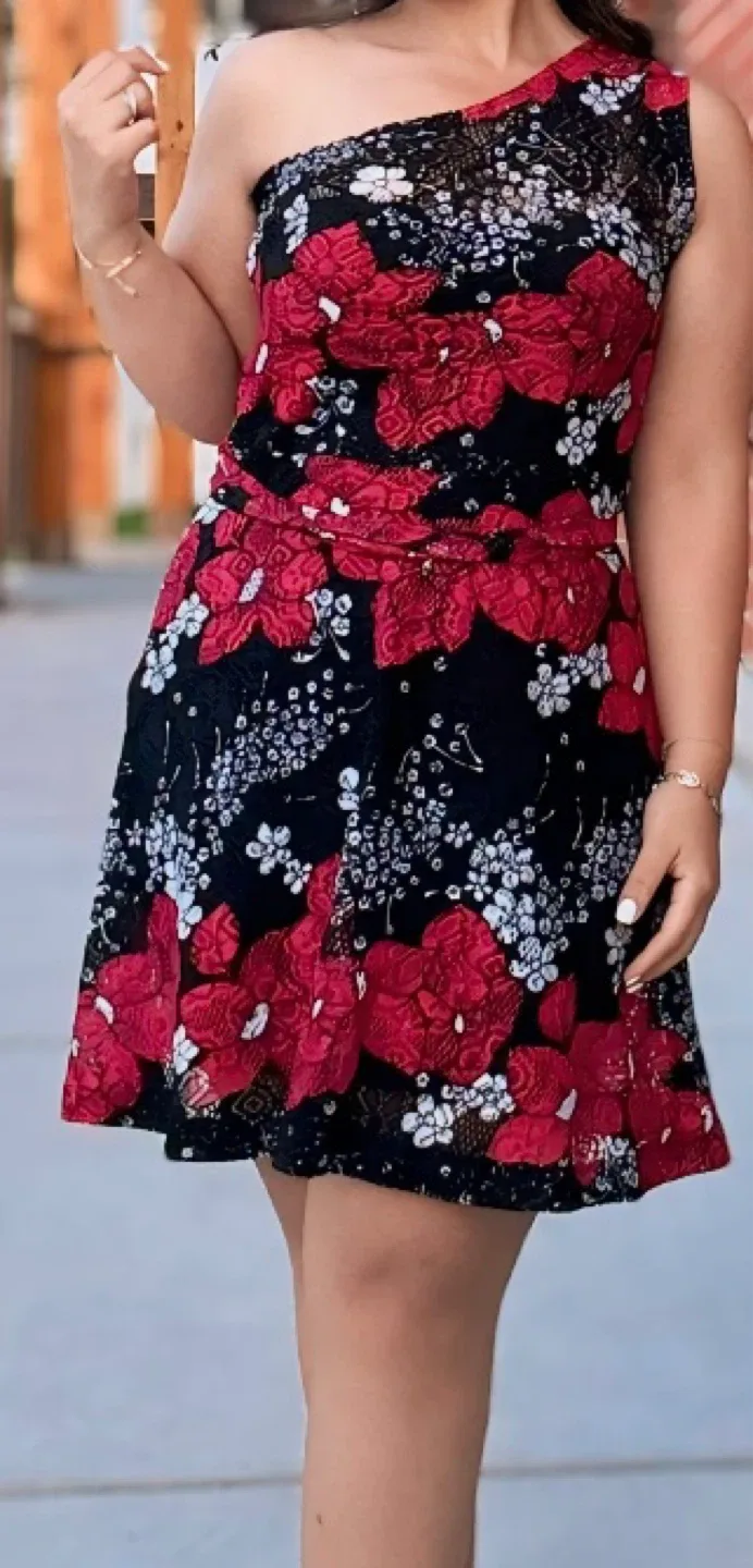 Floral One-Shoulder Dress - Red & Black