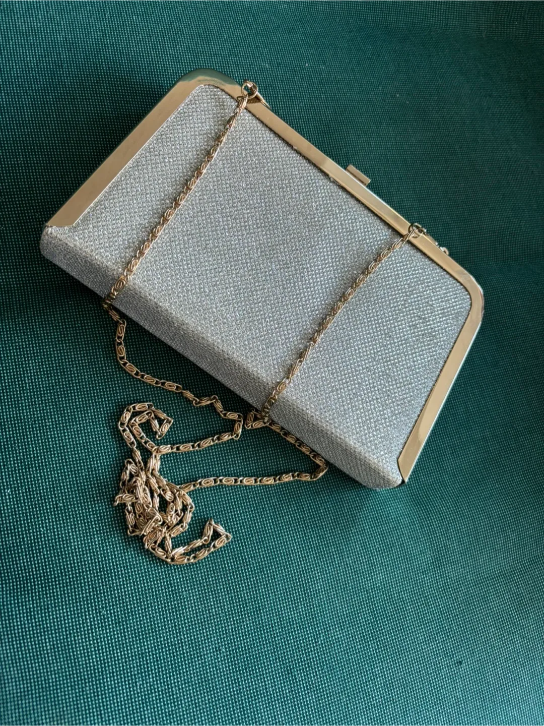 Silver Glitter Clutch with Gold Chain