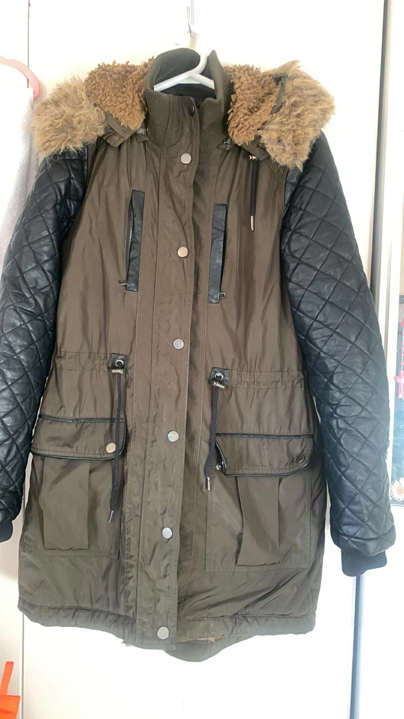 Olive Green Parka with Quilted Black Sleeves