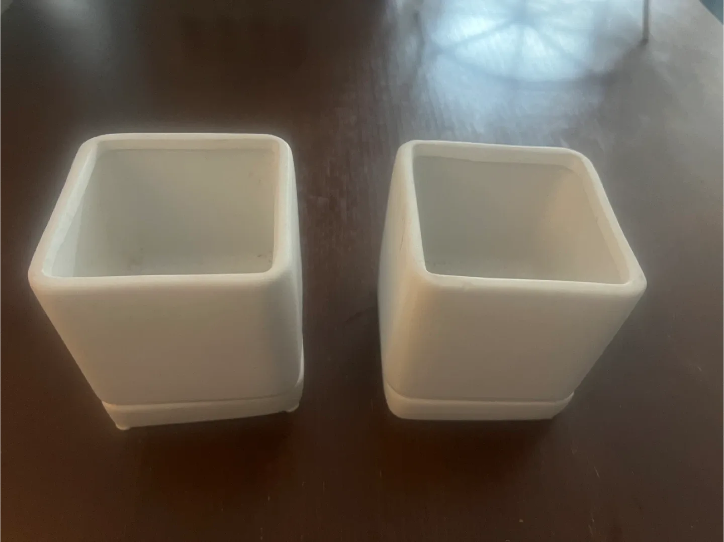 Two White Ceramic Square Flower Pots with Trays