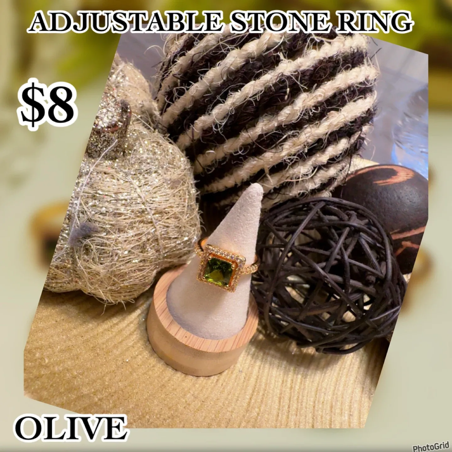 Adjustable Stone Ring - Cream, Powder Pink, Olive, Crystal, Navy image indicator(4)