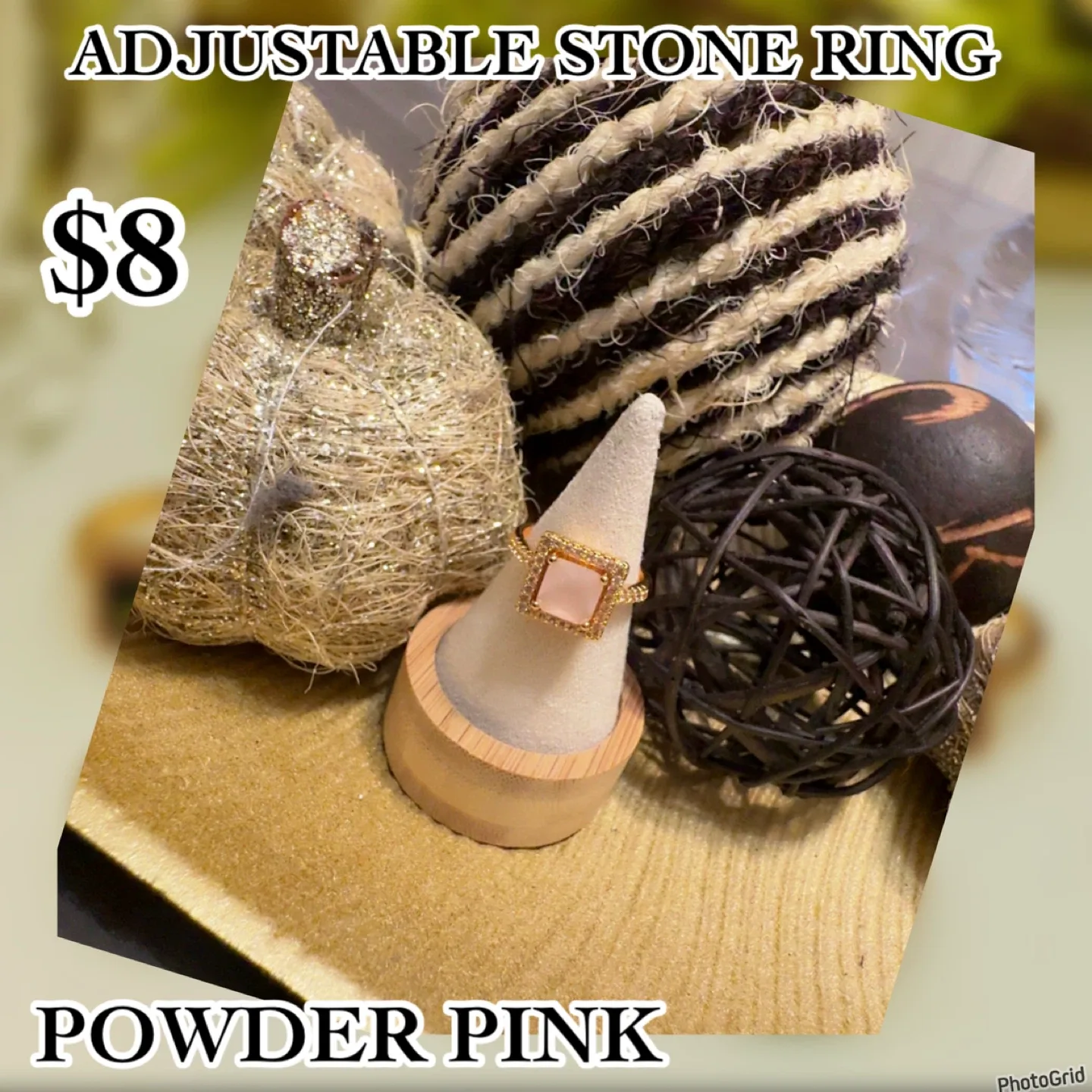Adjustable Stone Ring - Cream, Powder Pink, Olive, Crystal, Navy image indicator(5)