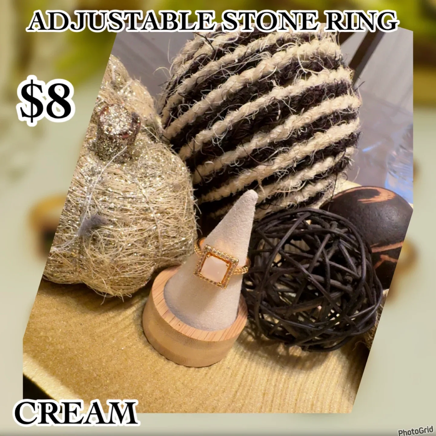 Adjustable Stone Ring - Cream, Powder Pink, Olive, Crystal, Navy image indicator(2)