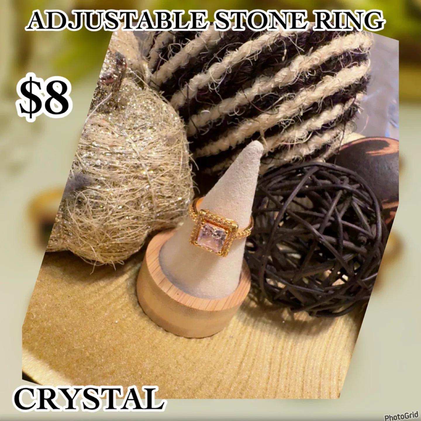 Adjustable Stone Ring - Cream, Powder Pink, Olive, Crystal, Navy image indicator(3)