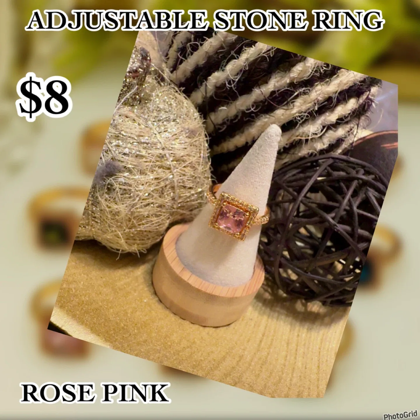 Adjustable Stone Ring - Cream, Powder Pink, Olive, Crystal, Navy image indicator(7)