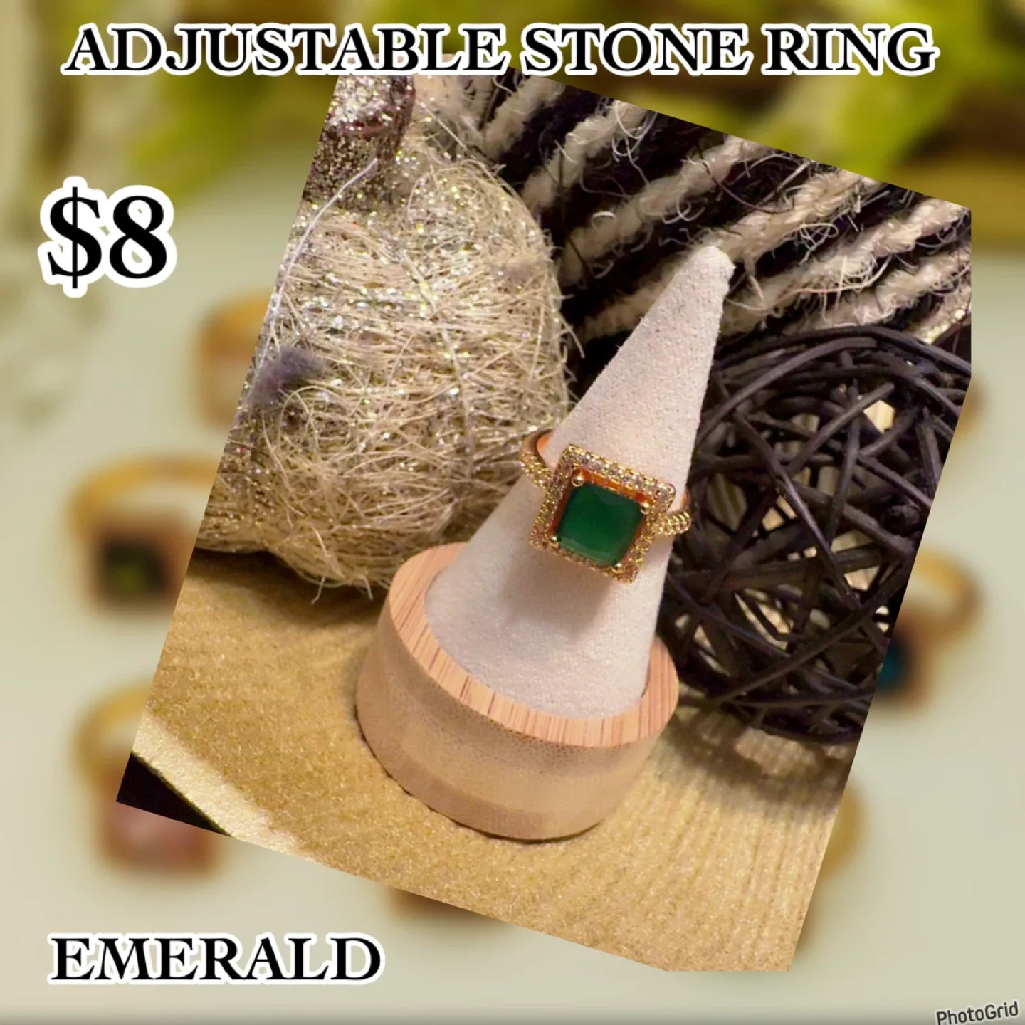 Adjustable Stone Ring - Cream, Powder Pink, Olive, Crystal, Navy image indicator(8)