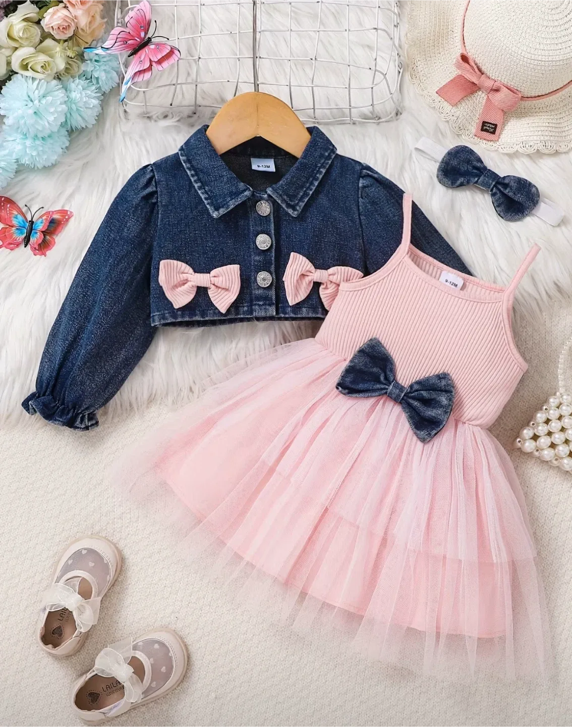 Brand new - 12-18 mos Baby Girl Denim Jacket & Pink Tulle Dress