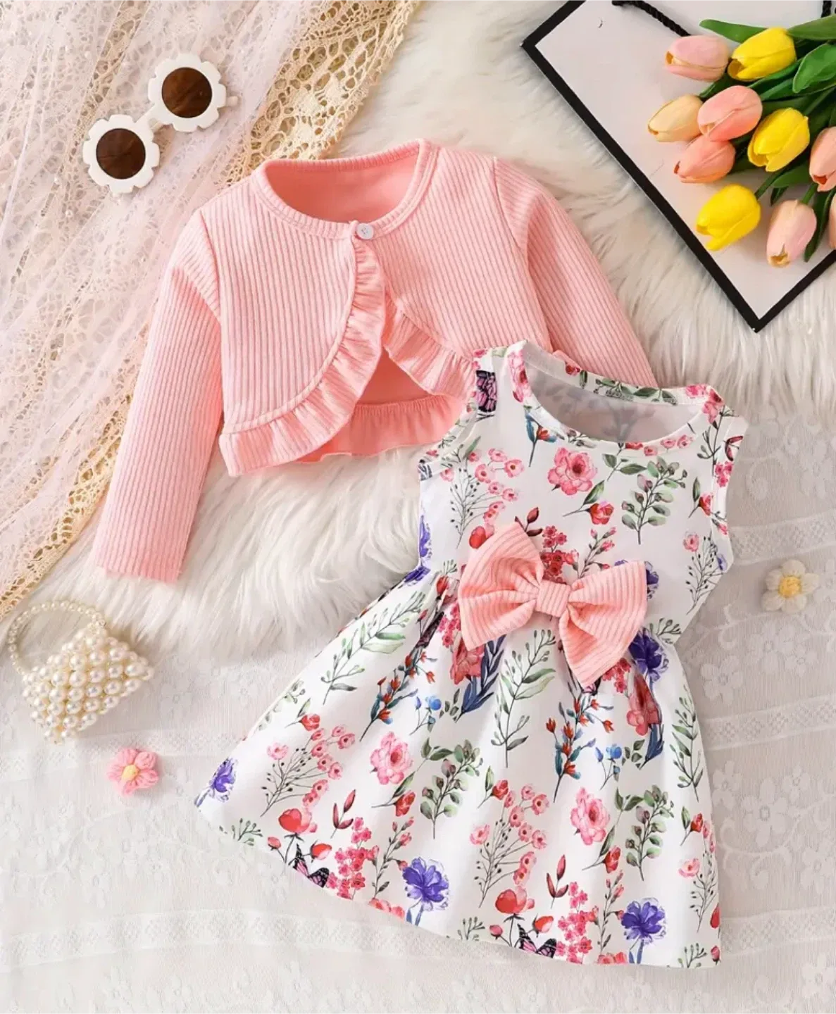 Brand new - Floral Dress & Pink Cardigan Set (18-24mos)