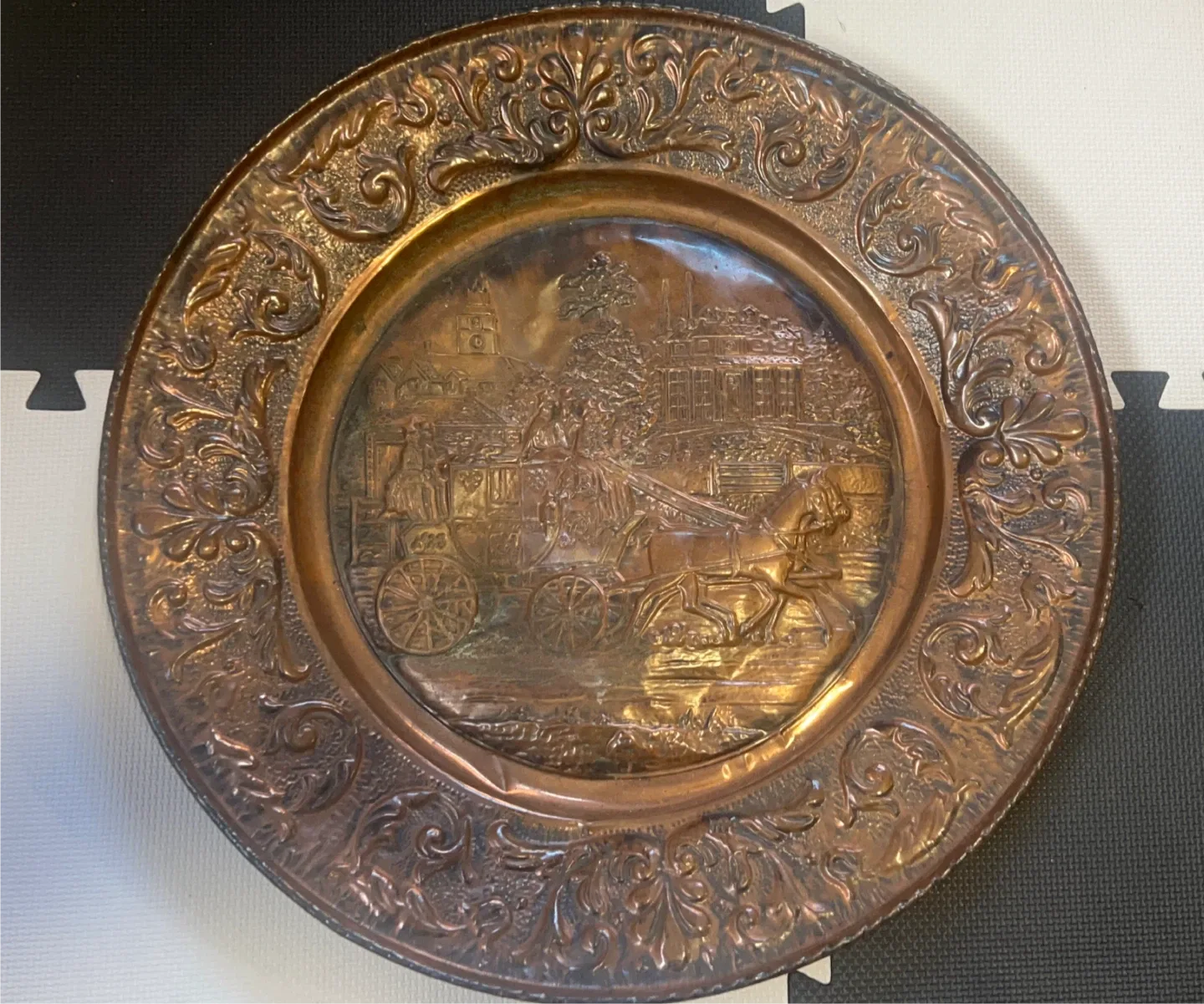 Vintage 24” Copper Decorative Wall Plate, Horse Drawn Carriage