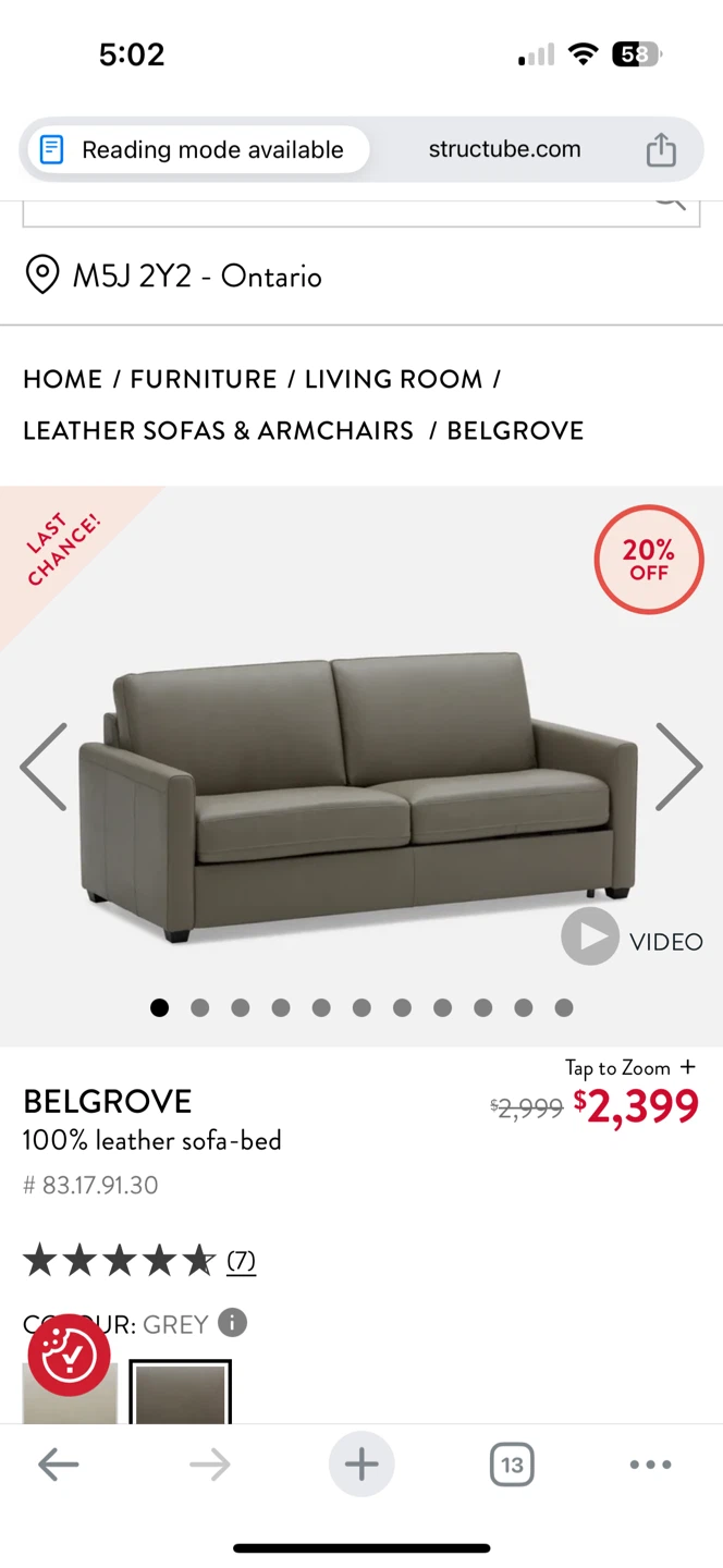 100% Leather Sofa Bed Grey (Please Read Description) - photo 3