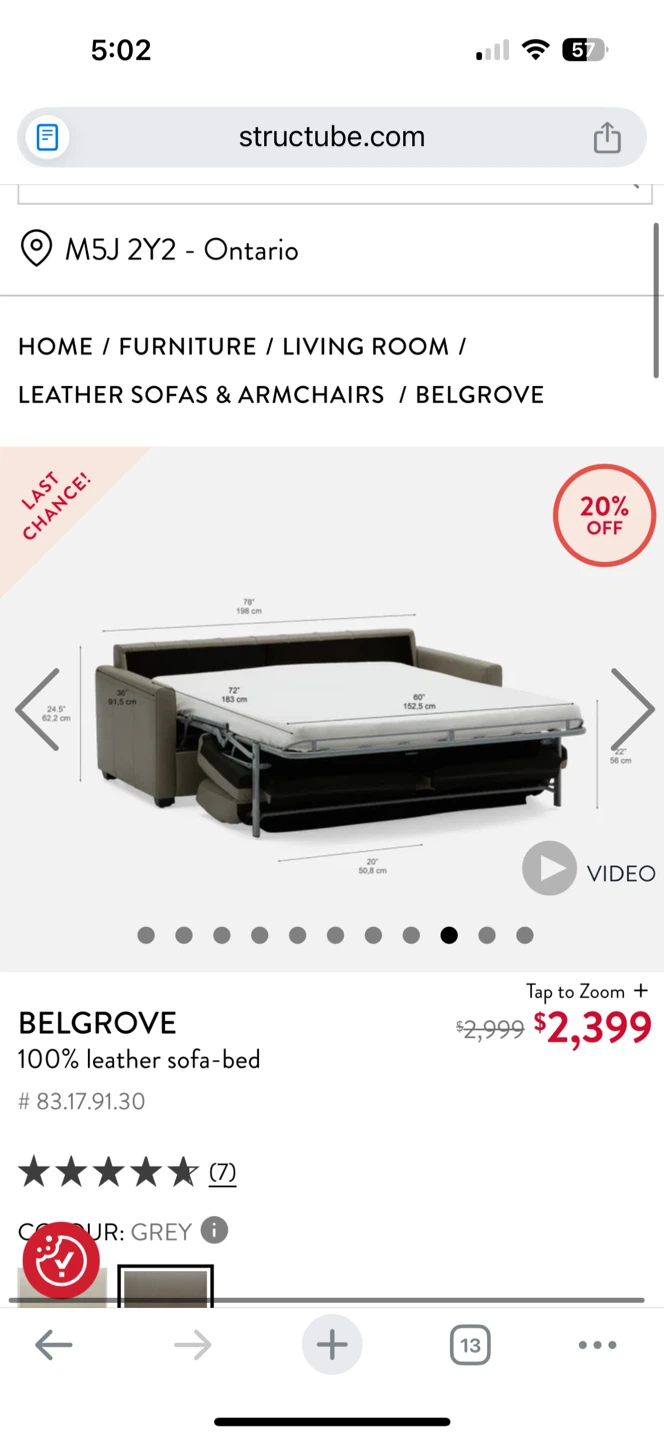 100% Leather Sofa Bed Grey (Please Read Description) - photo 5