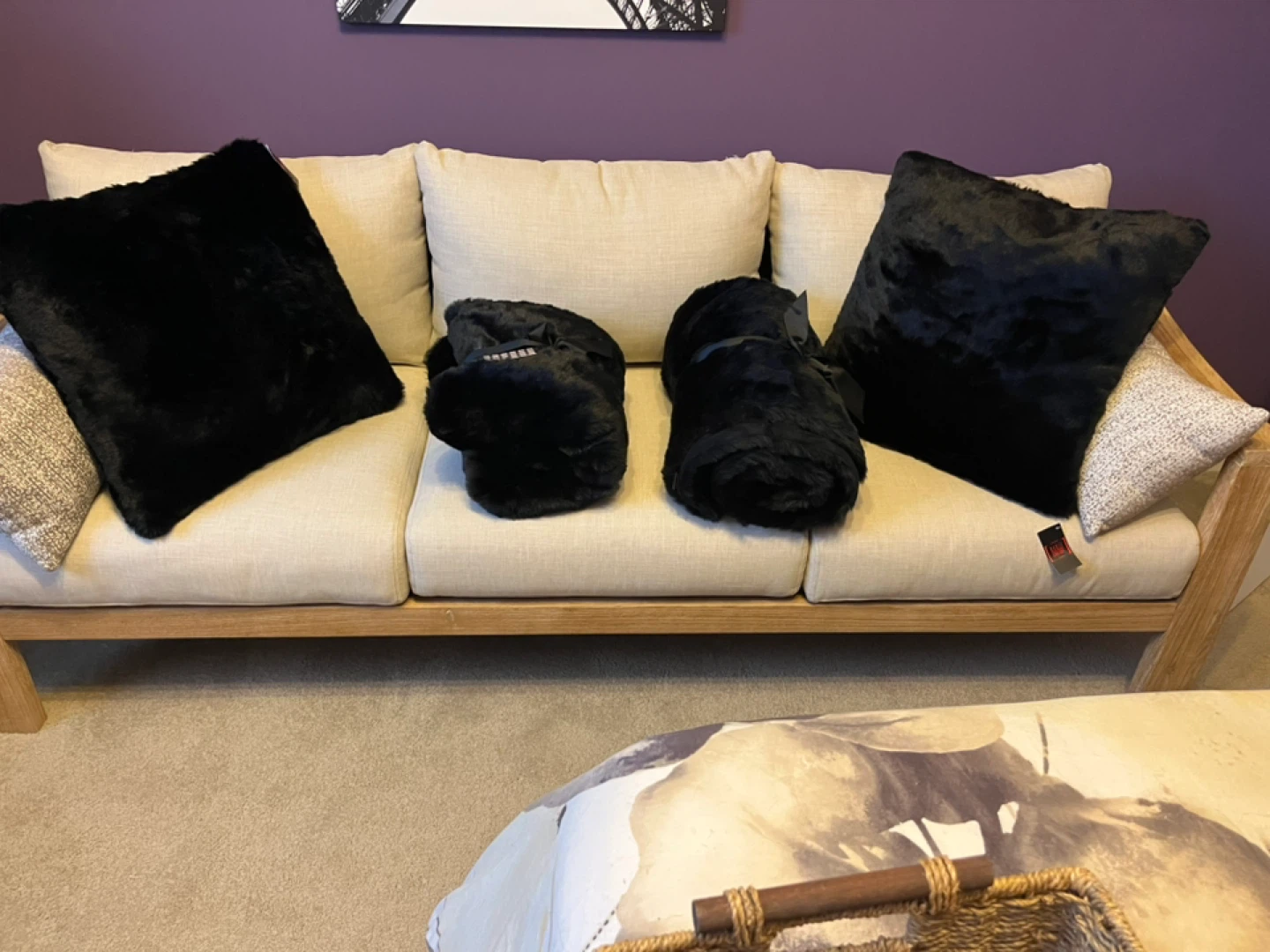 Maison Nicole Couture Faux Fur Throw & Cushion-  Black