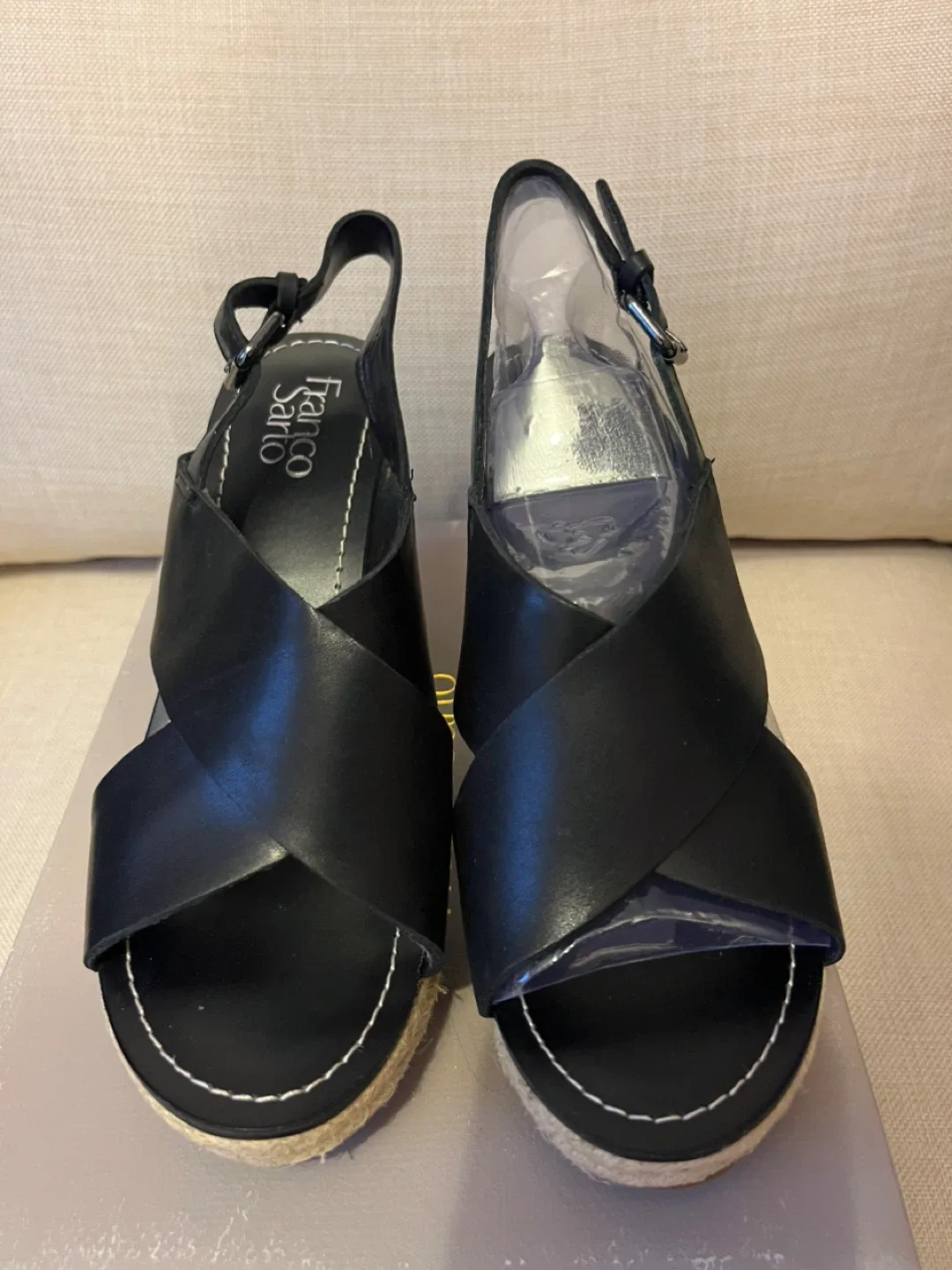 Franco Sarto Black Leather Espadrille Wedges - Size 8