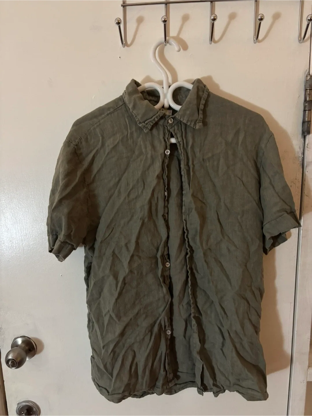 Olive Green Linen Short Sleeve Shirt