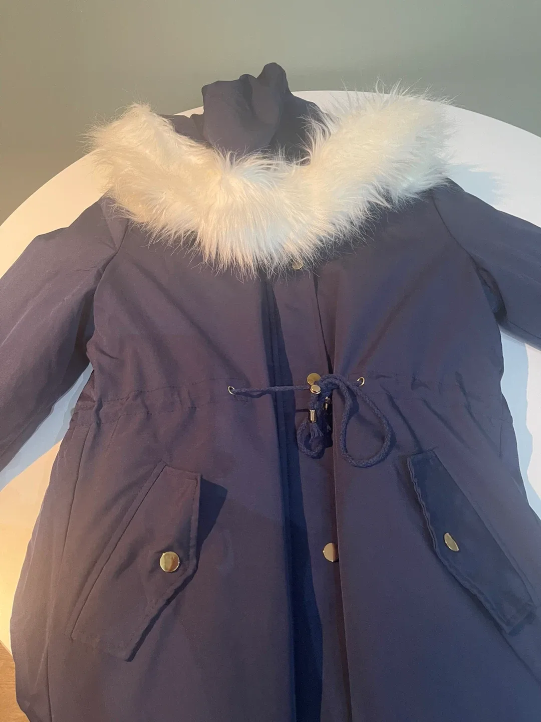 Navy Blue Winter Parka with Faux Fur Hood