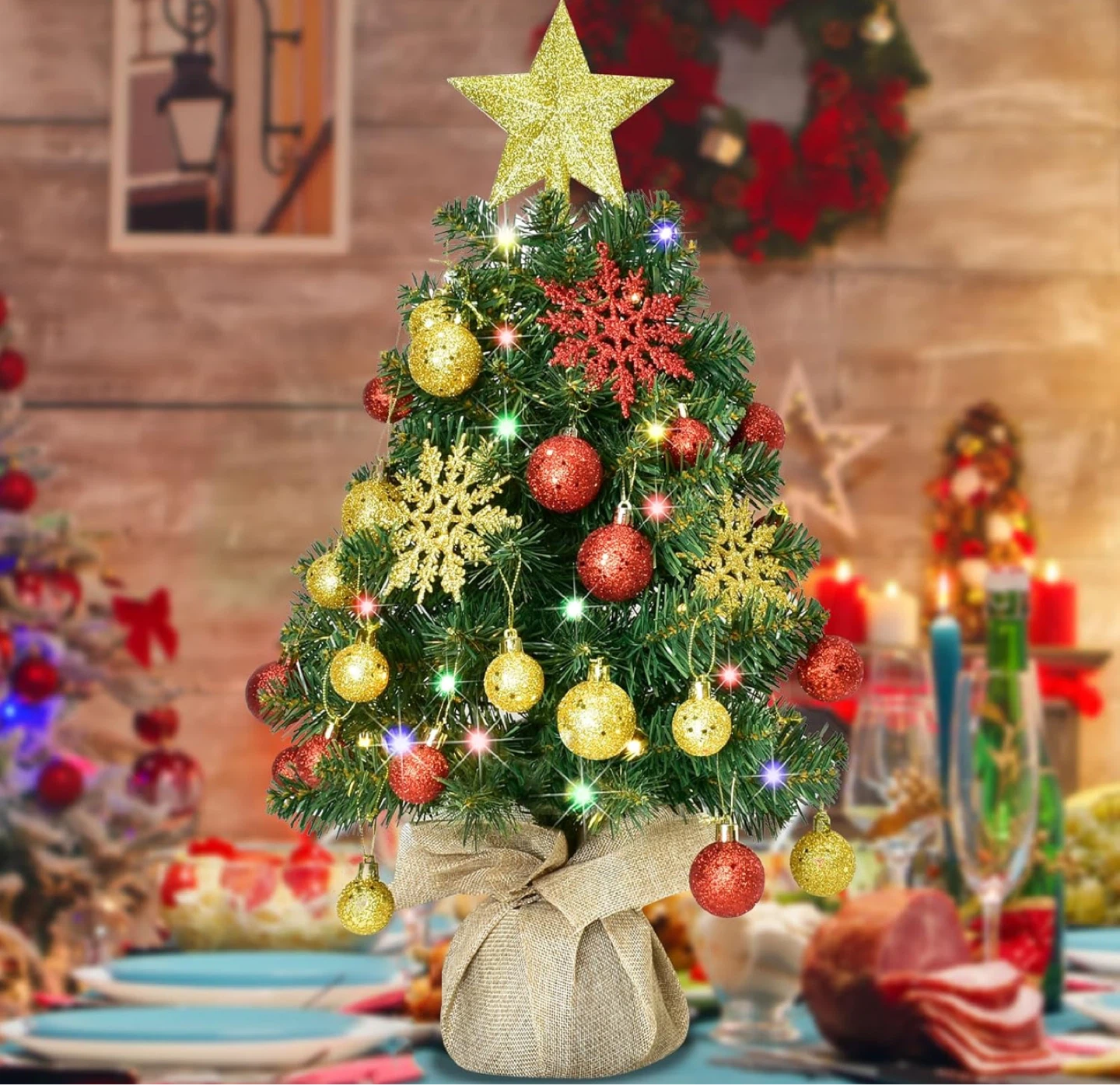 Hoyechi Mini Christmas Tree with Lights & Ornaments - 65cm