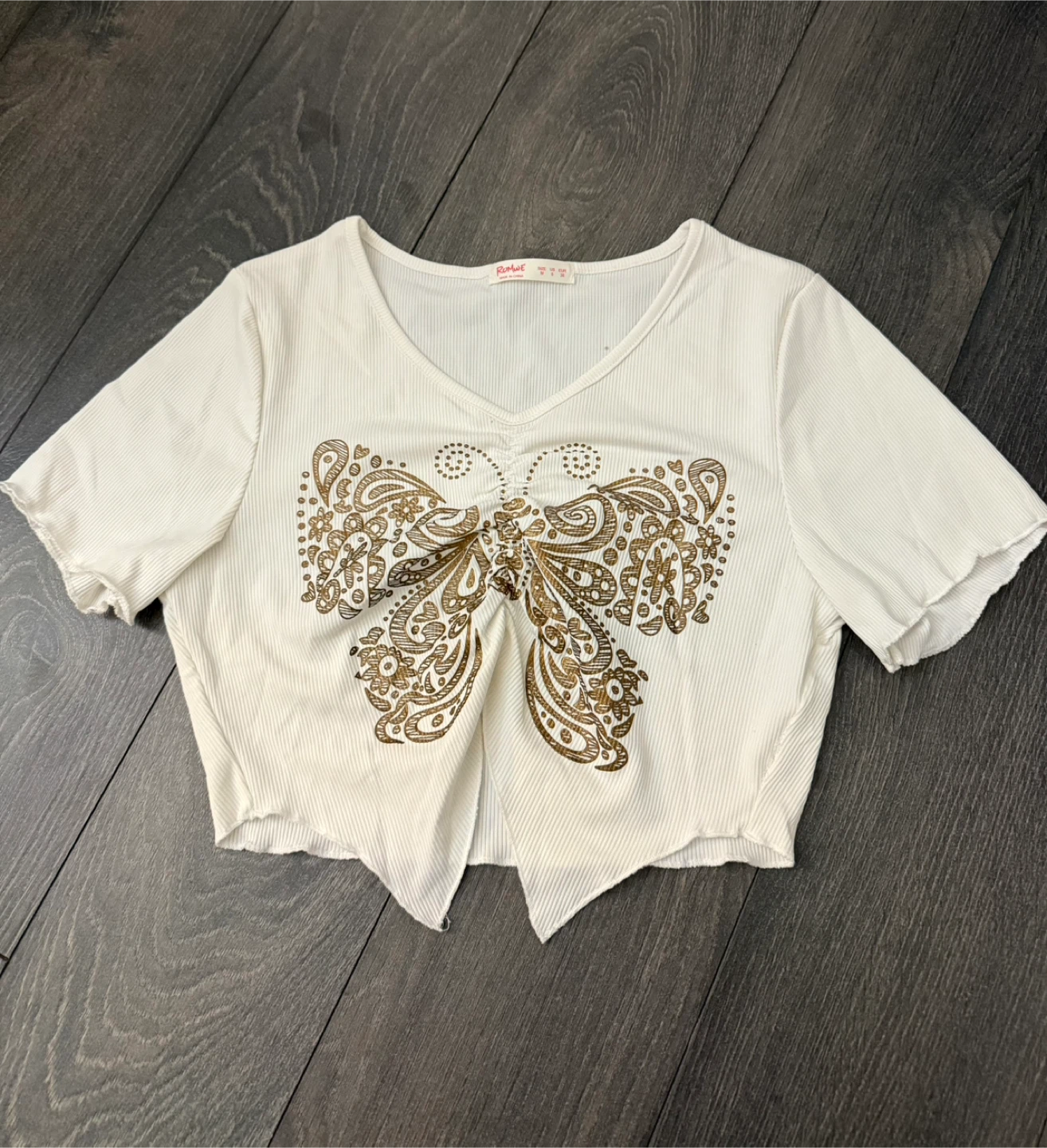 Romwe White Butterfly Crop Top - Size M