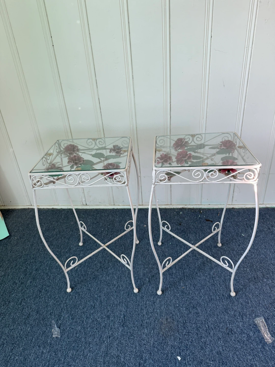 Pair of Vintage Floral Glass Top Side Tables