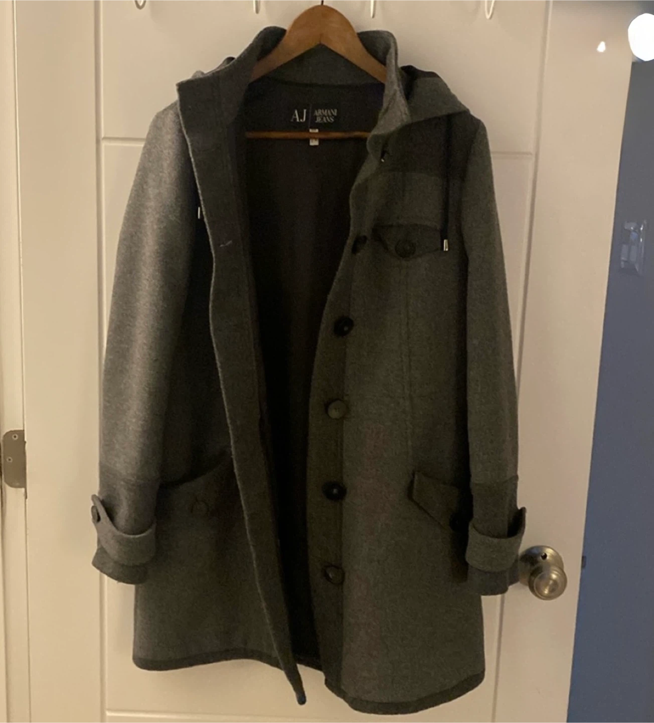 Armani Jeans Grey Wool Blend Hooded Coat - Size 40