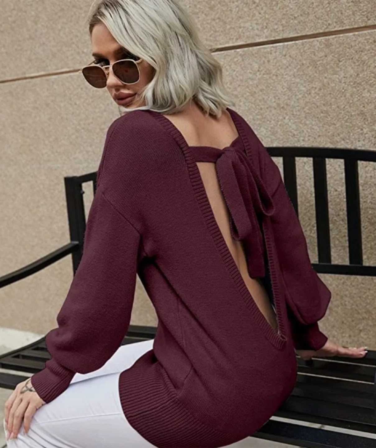 NEW! Women's Size M Burgundy Open Back Knit Sweater image indicator(2)