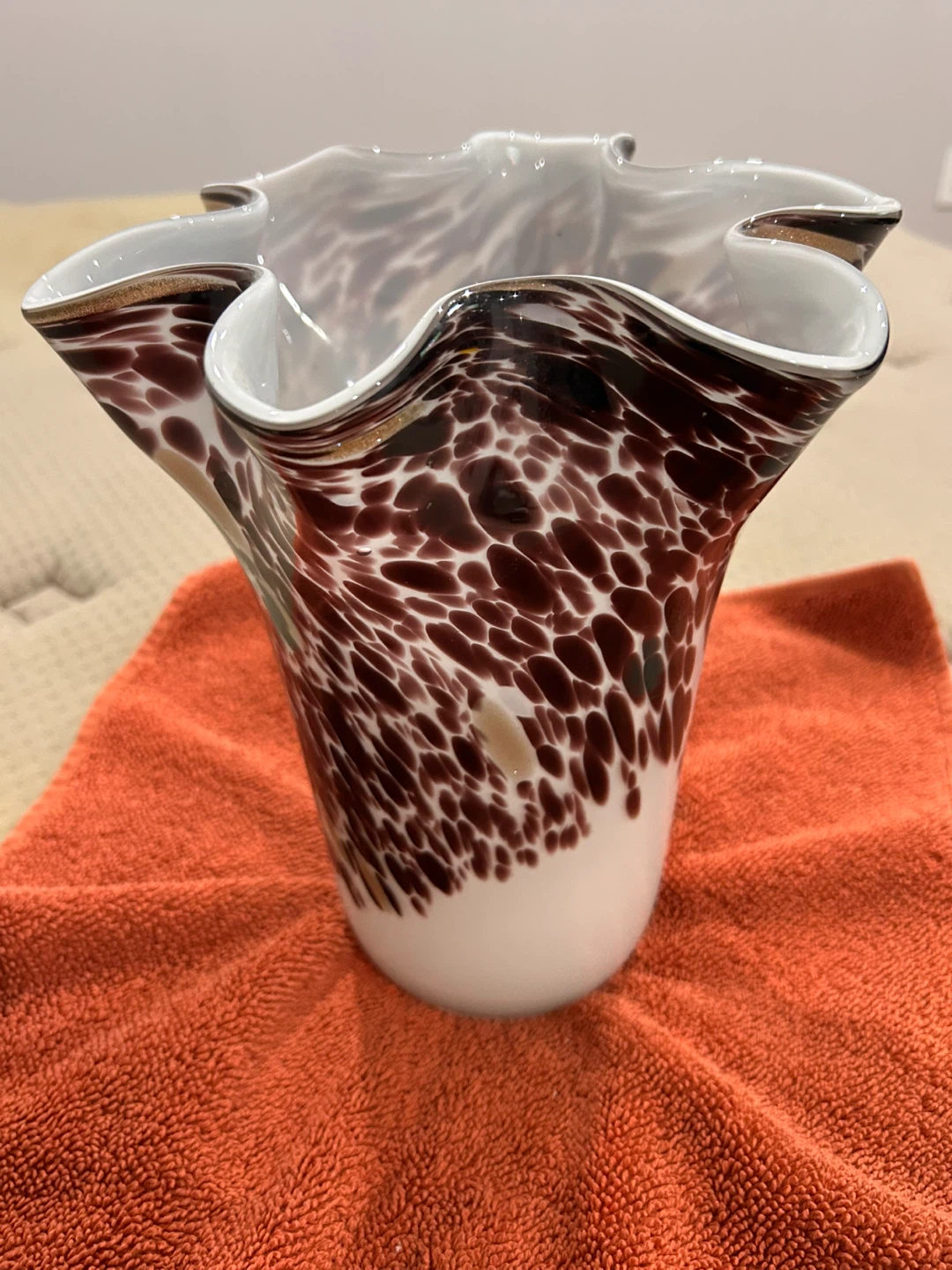 Hand Blown Art Glass Vase - Brown & White