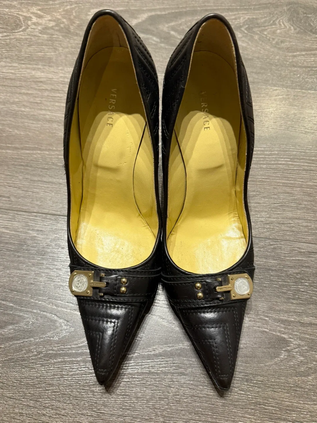 Versace Black Leather Heels - Size 38.5 made in Italy