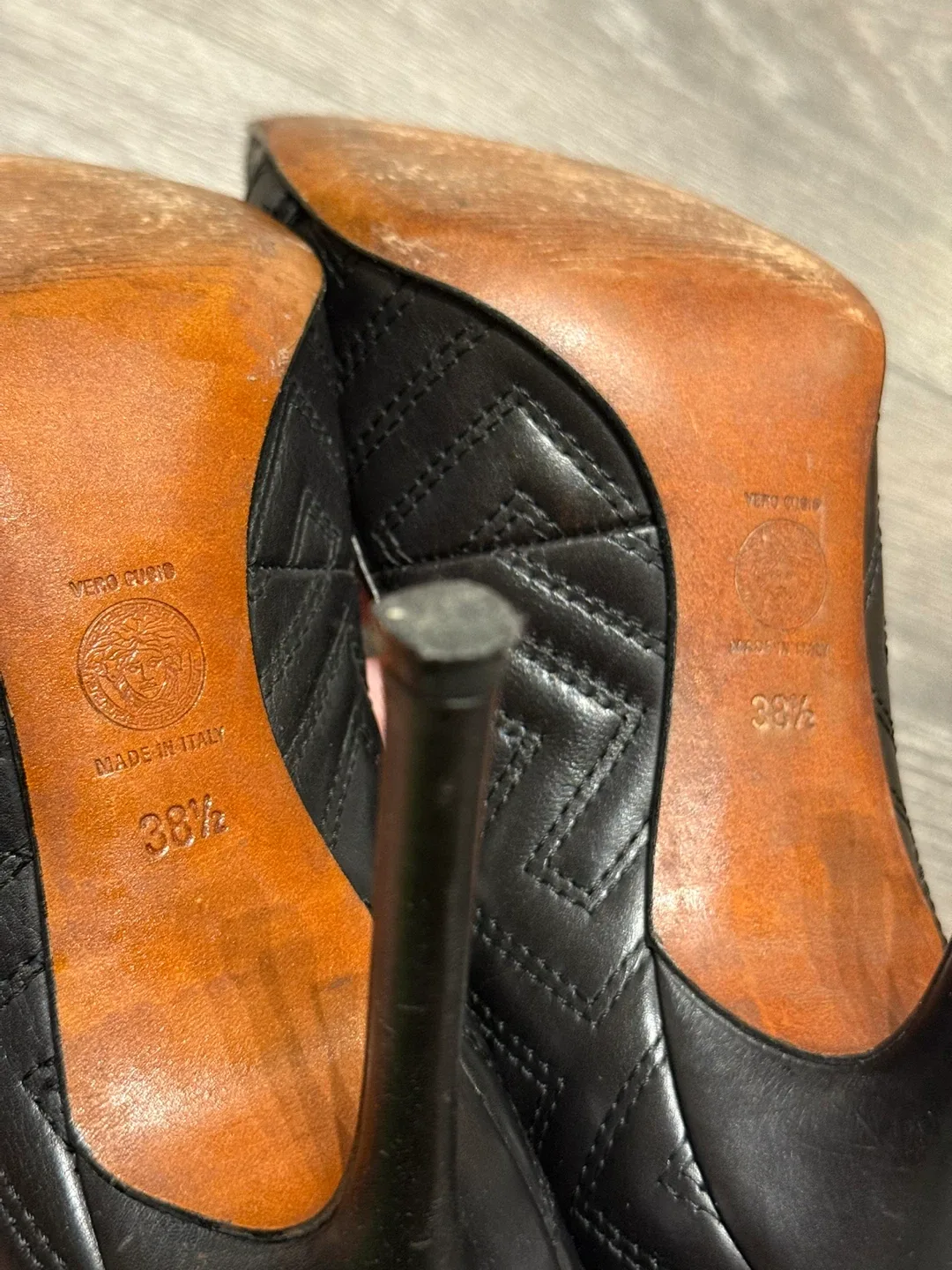 Versace Black Leather Heels - Size 38.5 made in Italy image indicator(6)