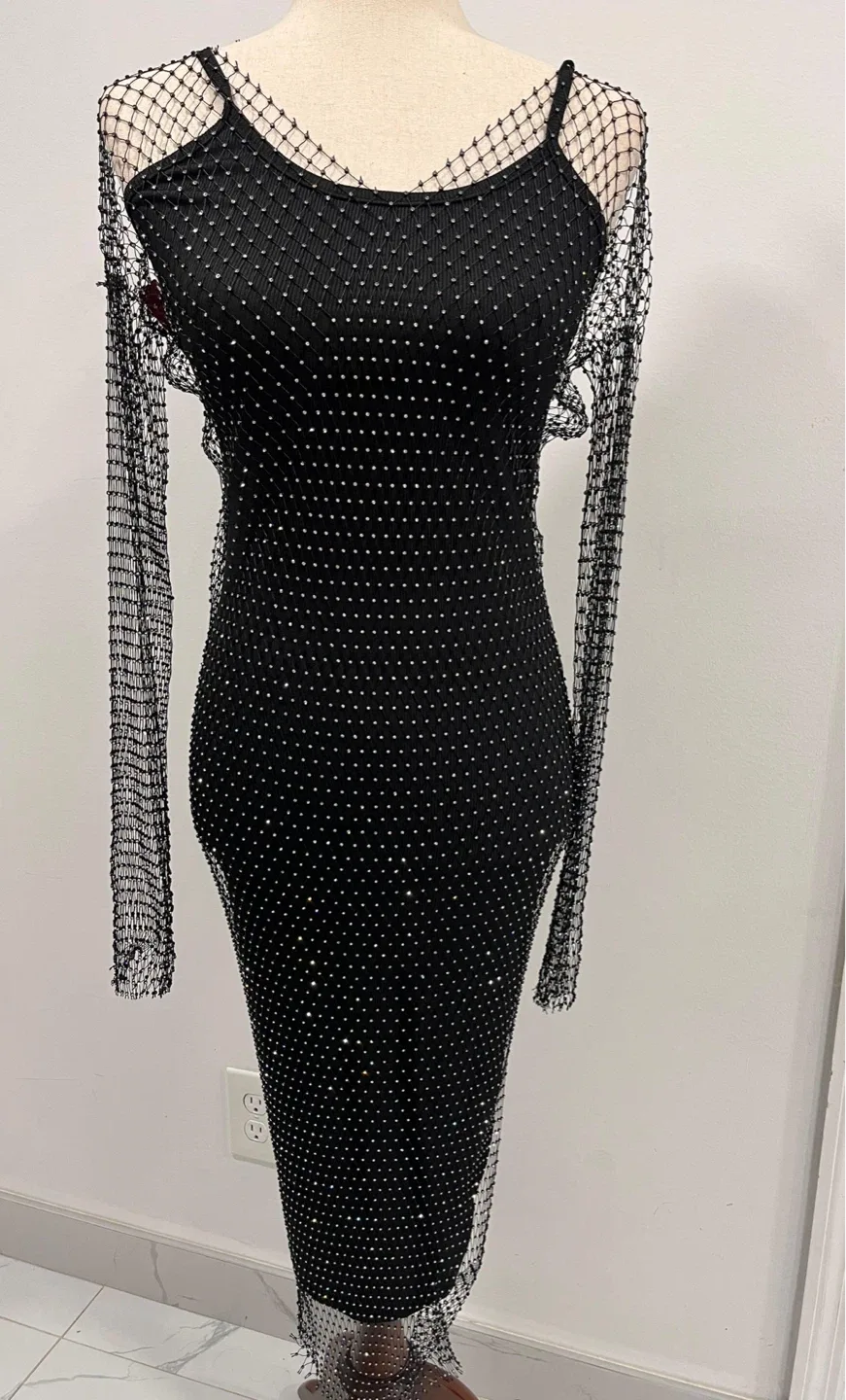 Black Rhinestone Mesh Overlay Dress