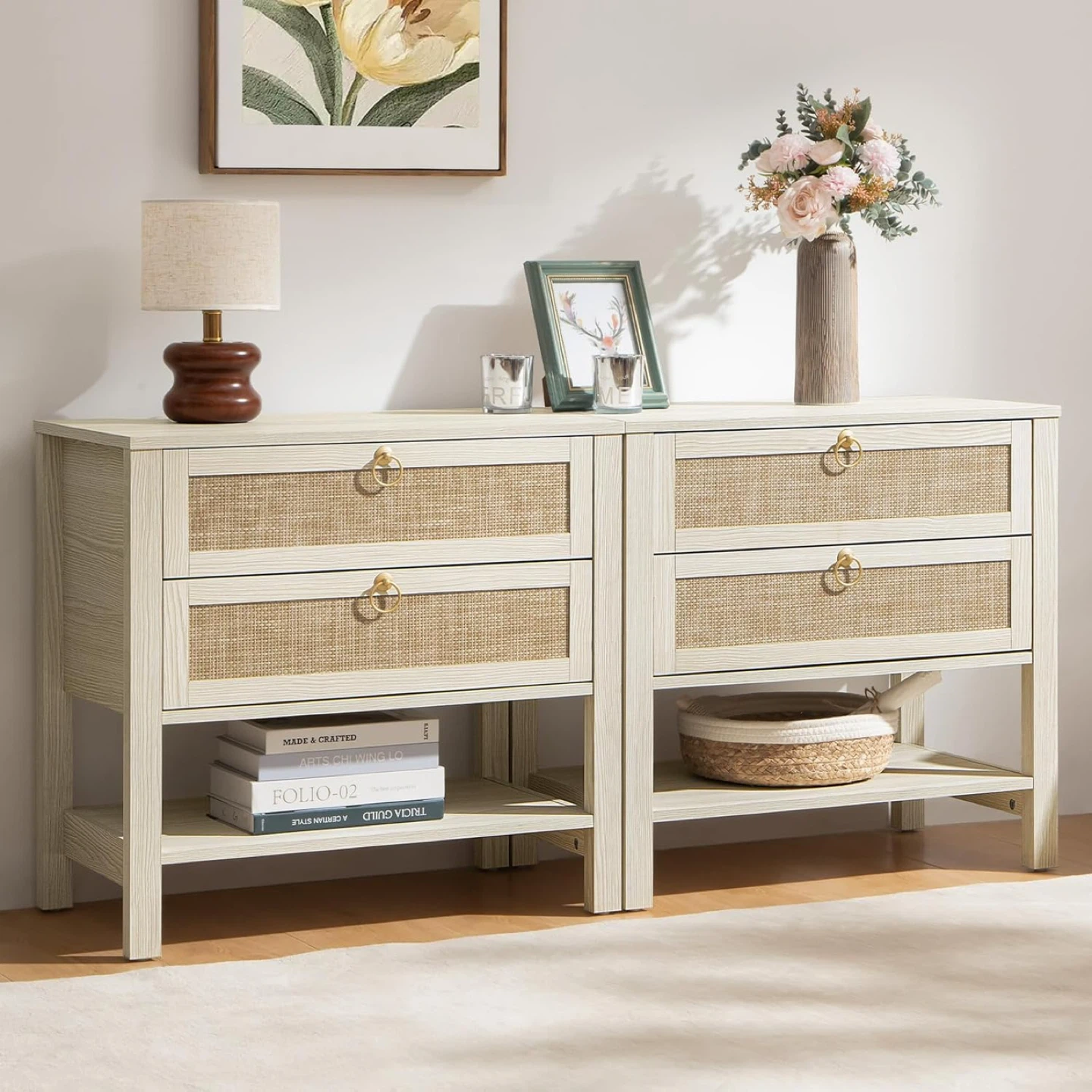 Wooden side table with Rattan Drawers