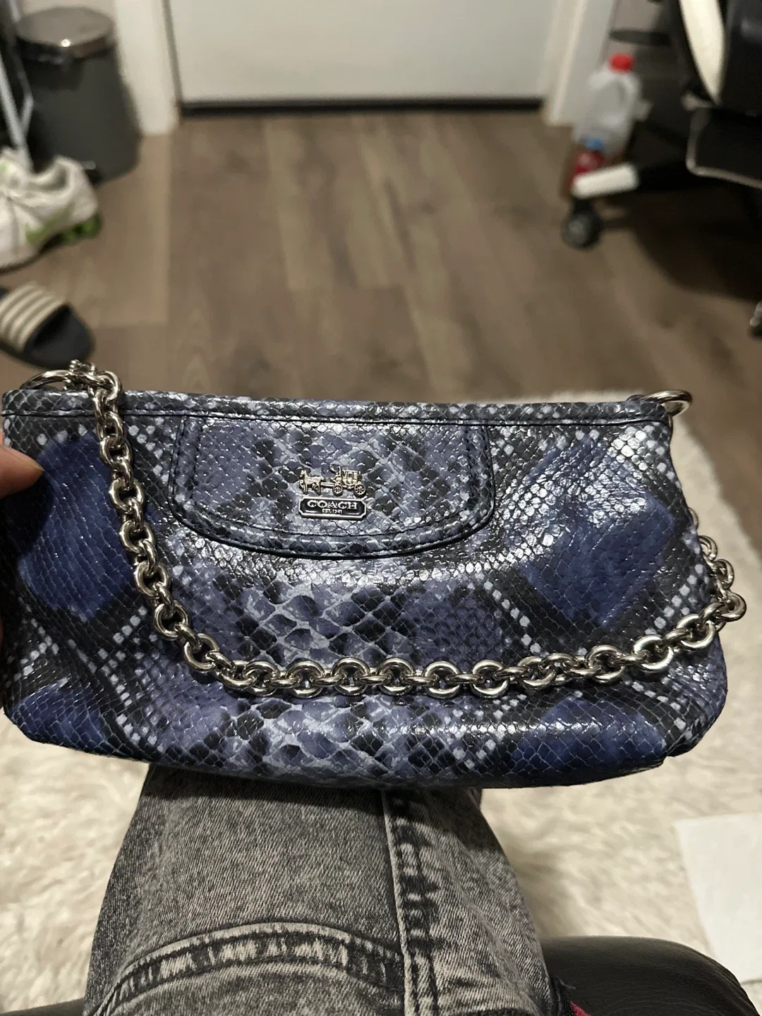 Coach Blue Snakeskin Print Chain Bag