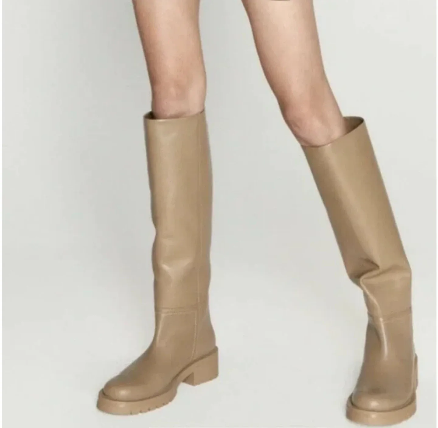 Zara Beige Leather Heeled Knee High Boots