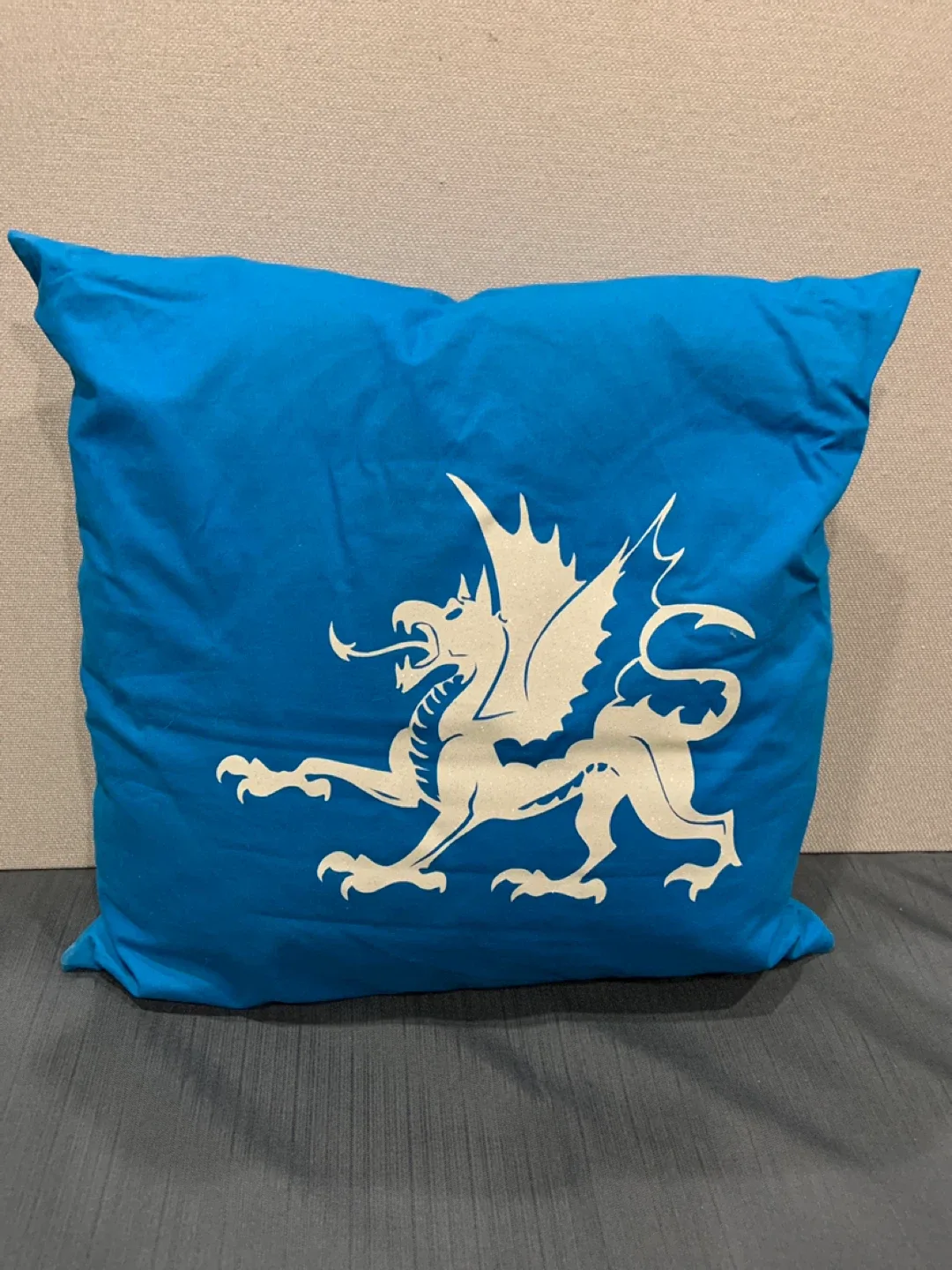 Blue Decorative Pillow with Glitter Dragon Design