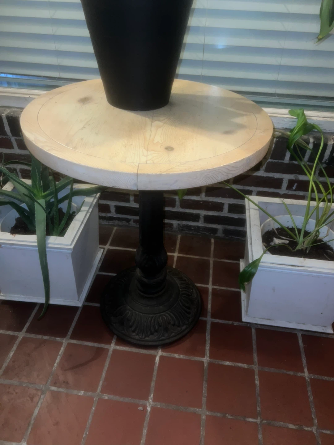 Round Wooden Table with Black Metal Base