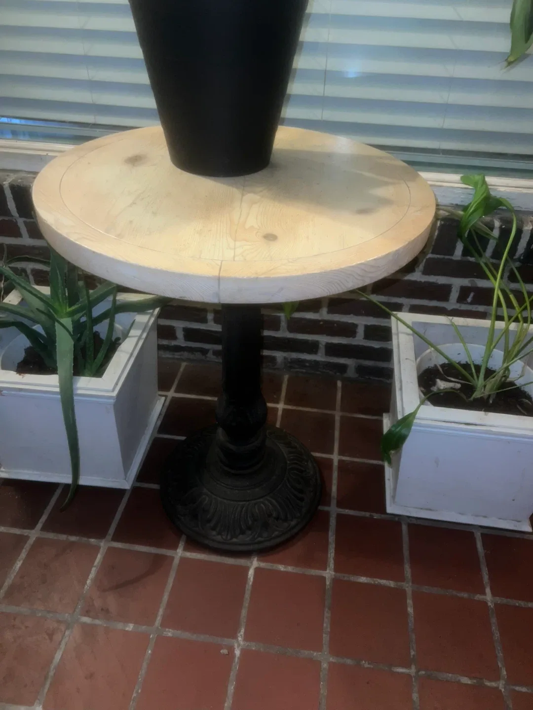 Round Wooden Table with Black Metal Base