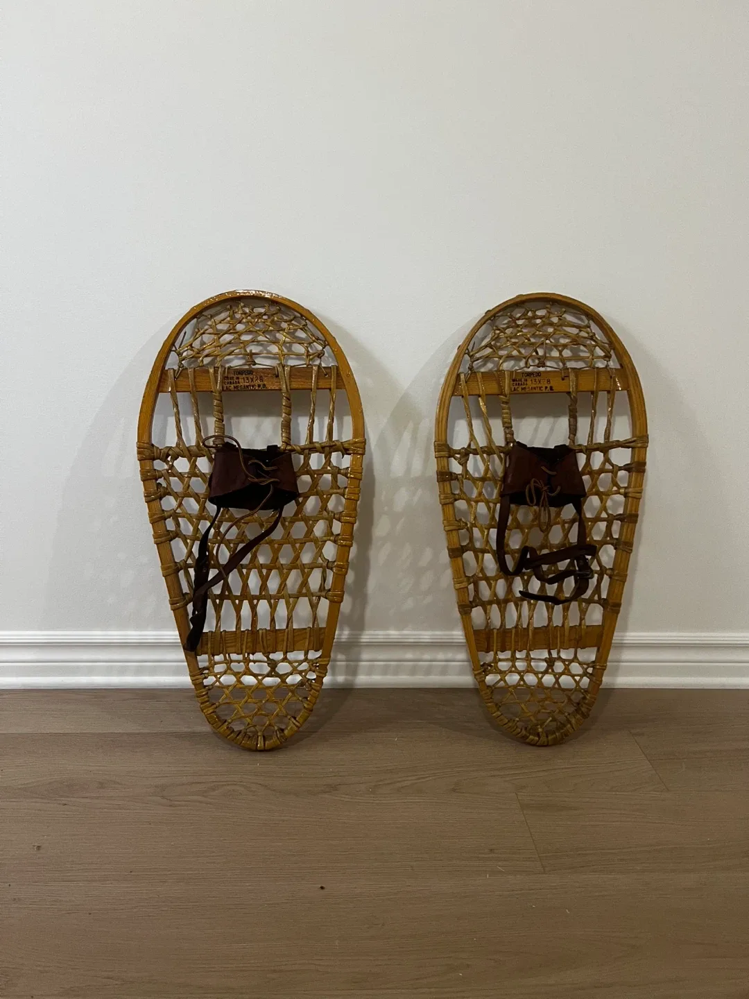 Vintage 1970s oval wood and rawhide snowshoes image indicator(2)