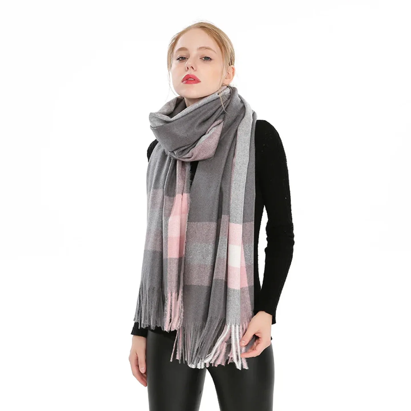 Grey/Pink Plaid Scarf/Shawl image indicator(2)