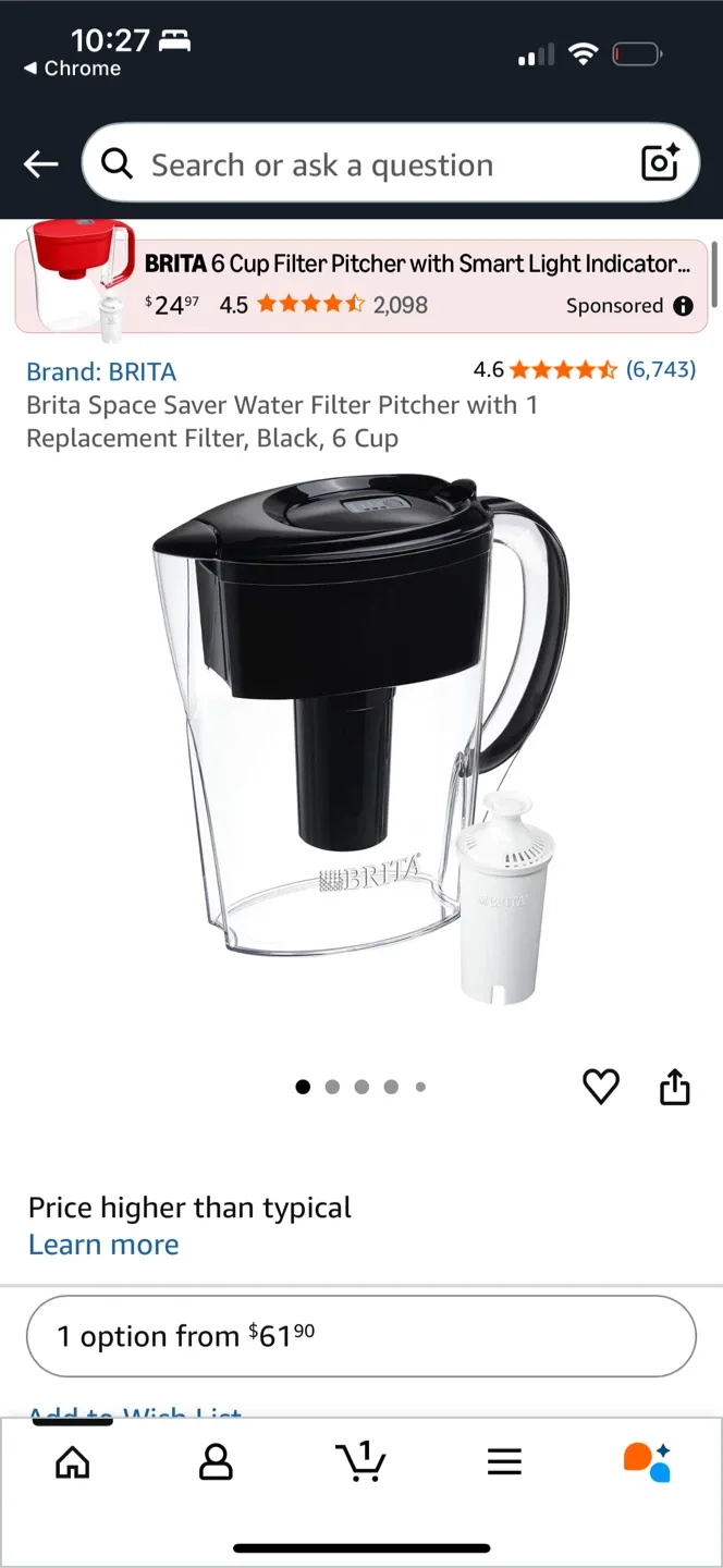 Brita Space Saver Water Filter Pitcher - Black
