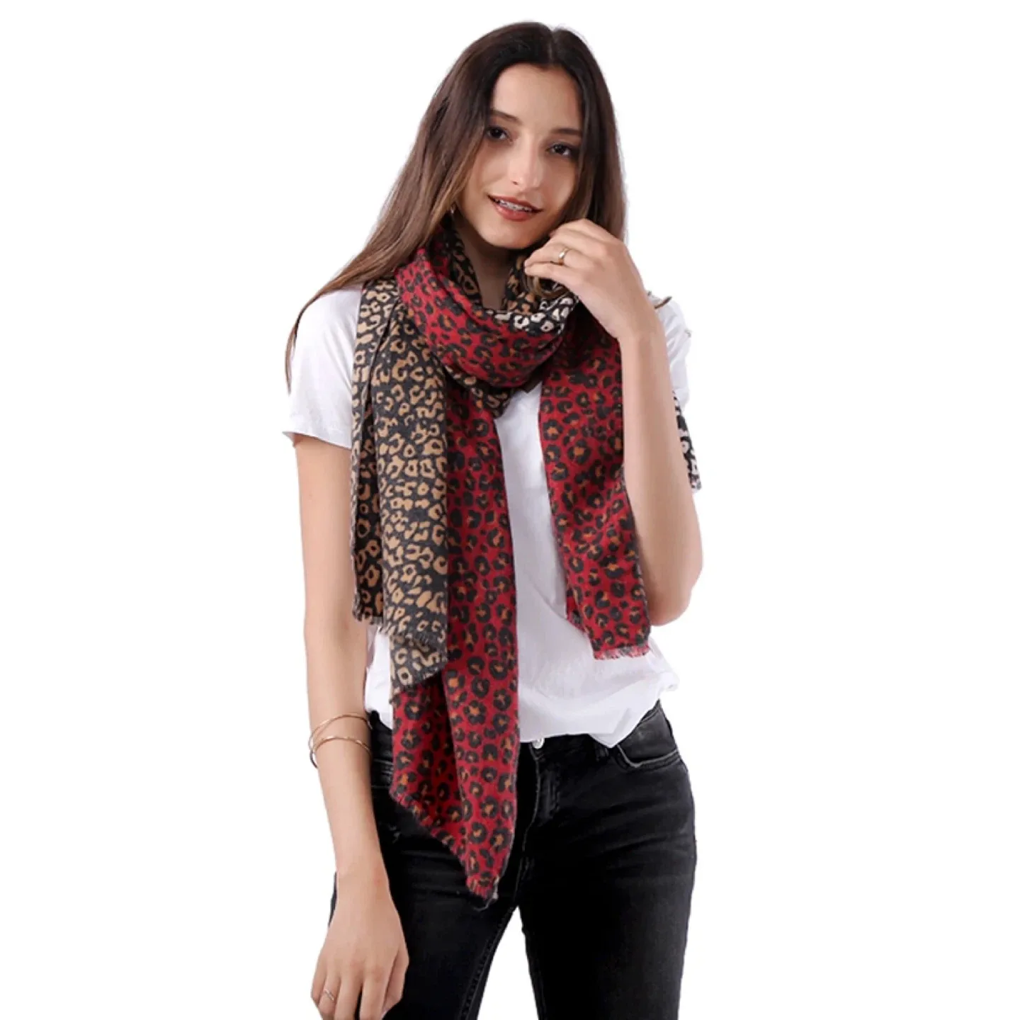Leopard Print Scarf/Shawl - Red, Brown, Black, White