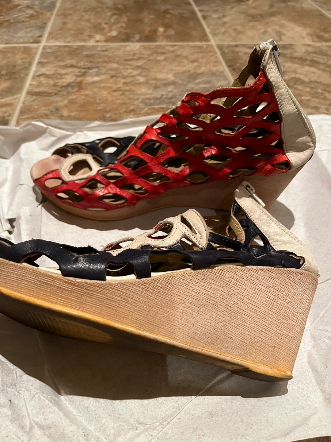 Wedge Heel Sandals - Red, Black, Cream - Size 9 - photo 3